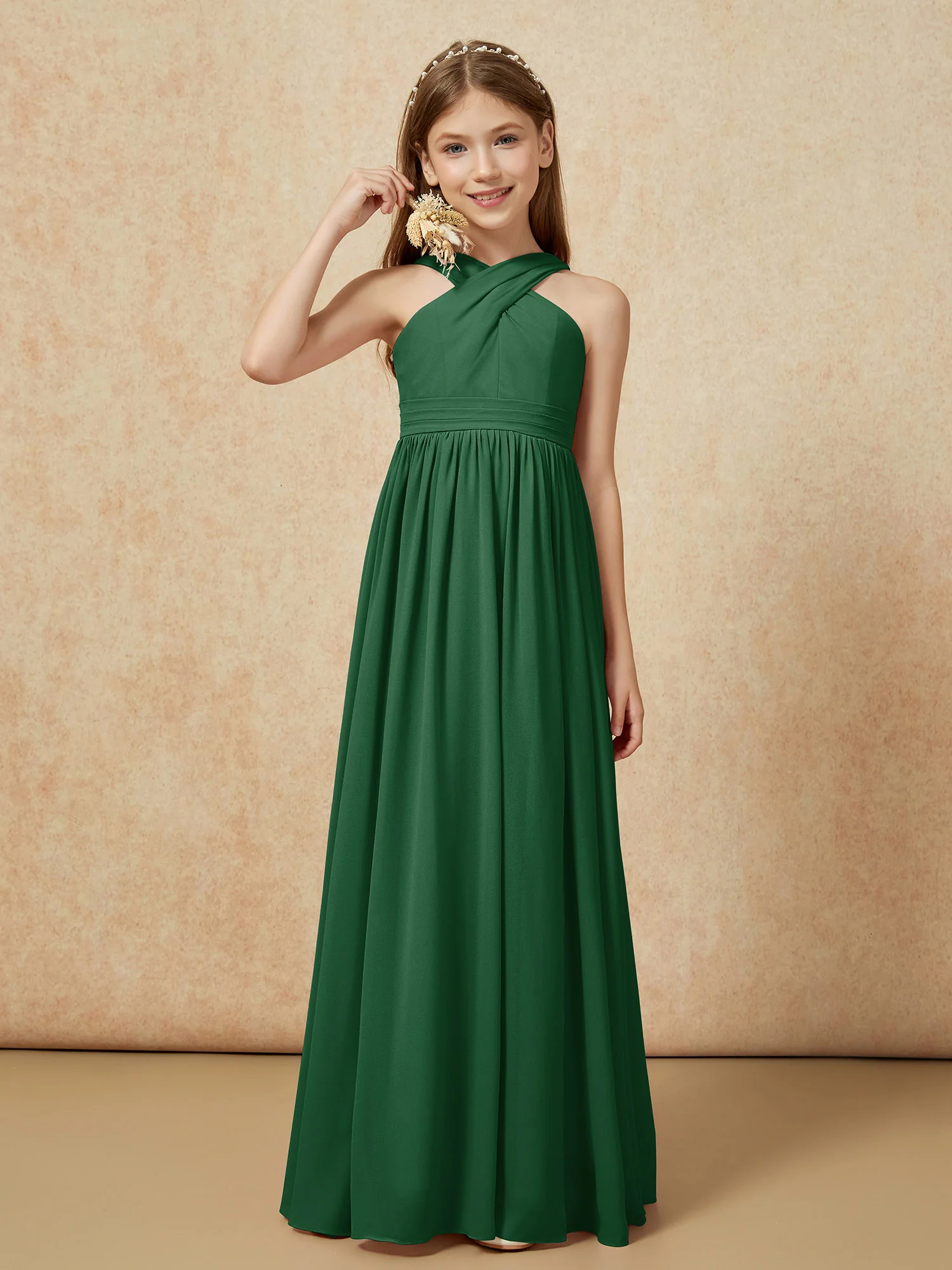 Grecian Neck Chiffon Junior Bridesmaid Dresses With Slit Dark Green