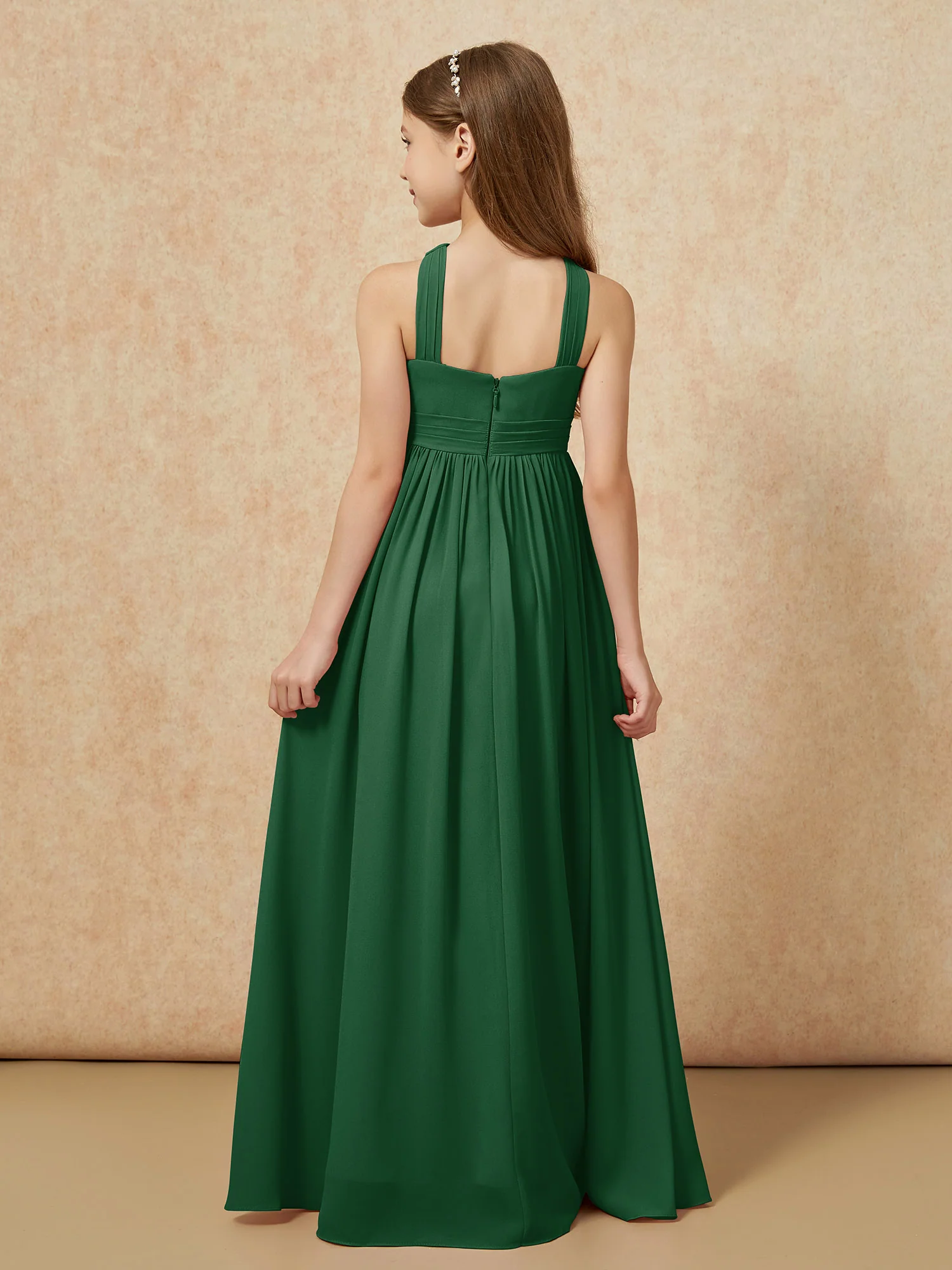 Grecian Neck Chiffon Junior Bridesmaid Dresses With Slit Dark Green - Image 2
