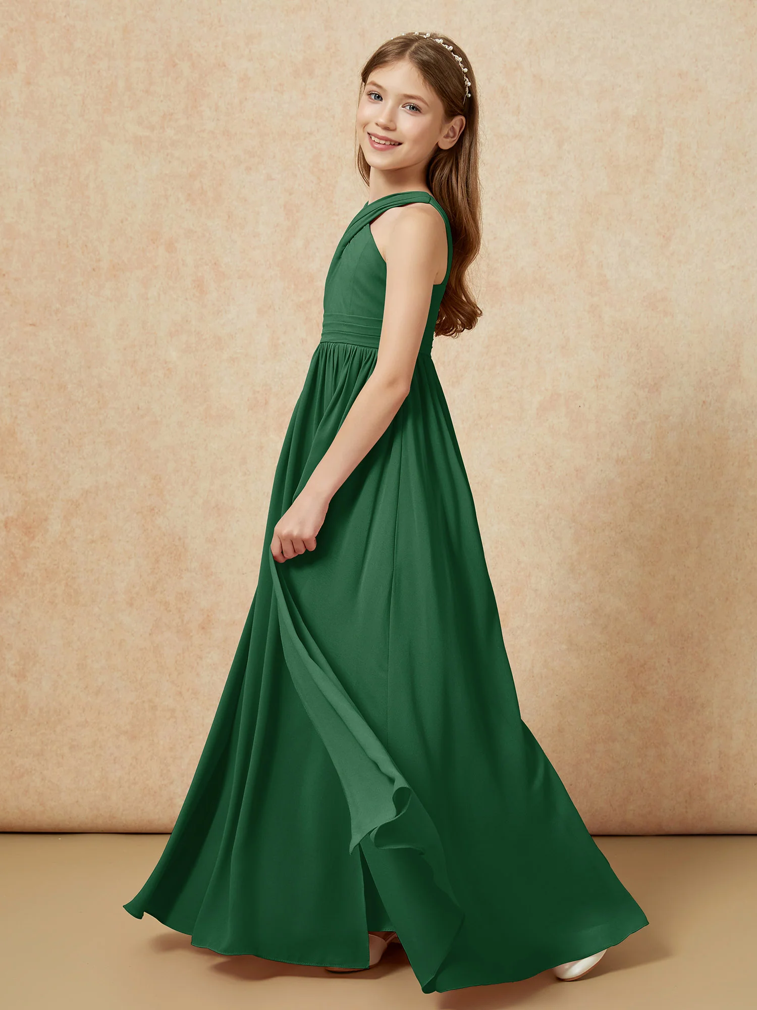 Grecian Neck Chiffon Junior Bridesmaid Dresses With Slit Dark Green - Image 3
