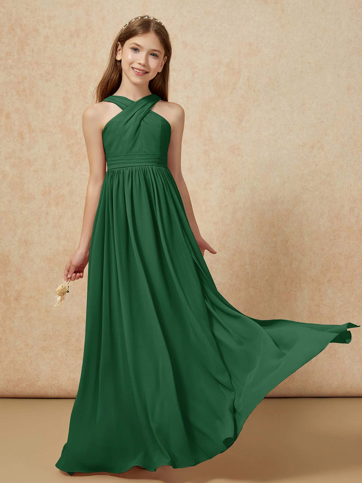 Grecian Neck Chiffon Junior Bridesmaid Dresses With Slit Dark Green - Image 5
