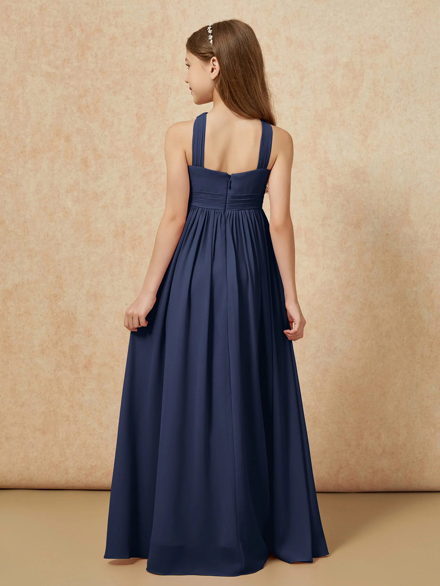 Grecian Neck Chiffon Junior Bridesmaid Dresses With Slit Dark Navy - Image 2