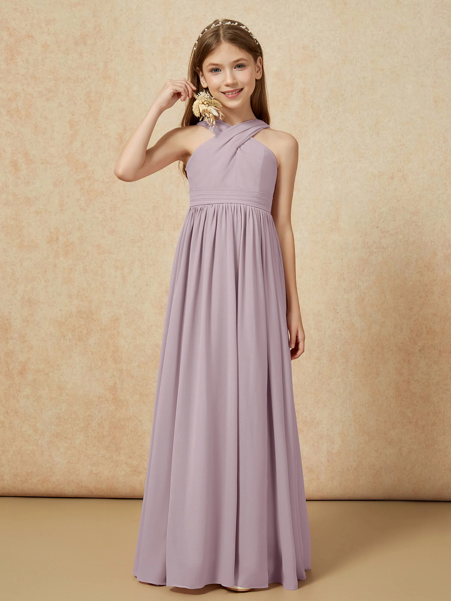 Grecian Neck Chiffon Junior Bridesmaid Dresses With Slit Dusk