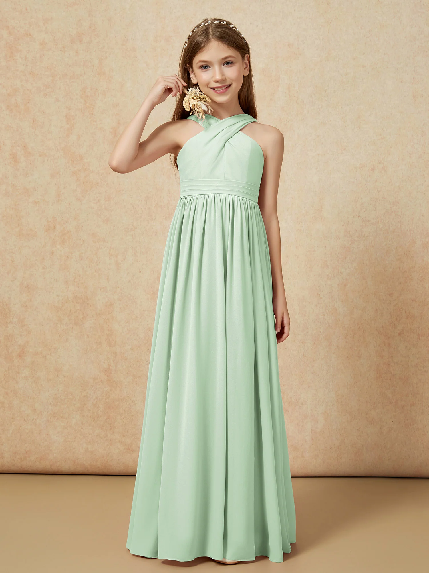 Grecian Neck Chiffon Junior Bridesmaid Dresses With Slit Dusty Sage