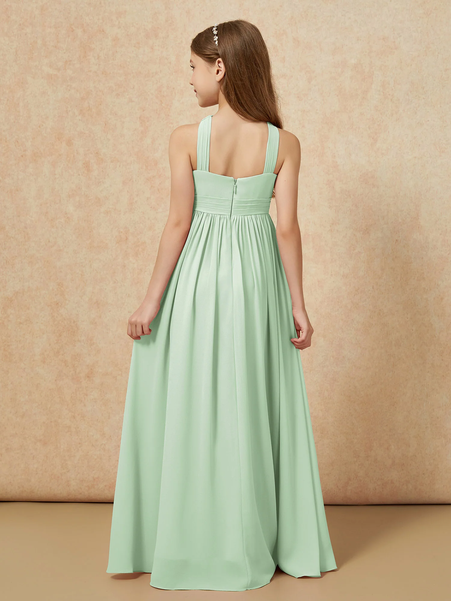 Grecian Neck Chiffon Junior Bridesmaid Dresses With Slit Dusty Sage - Image 2