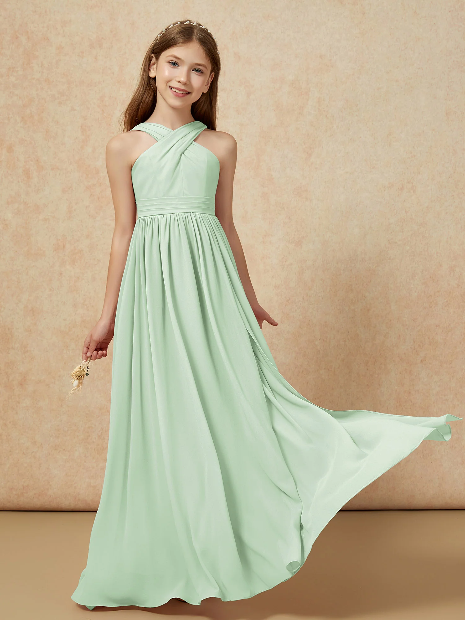 Grecian Neck Chiffon Junior Bridesmaid Dresses With Slit Dusty Sage - Image 5