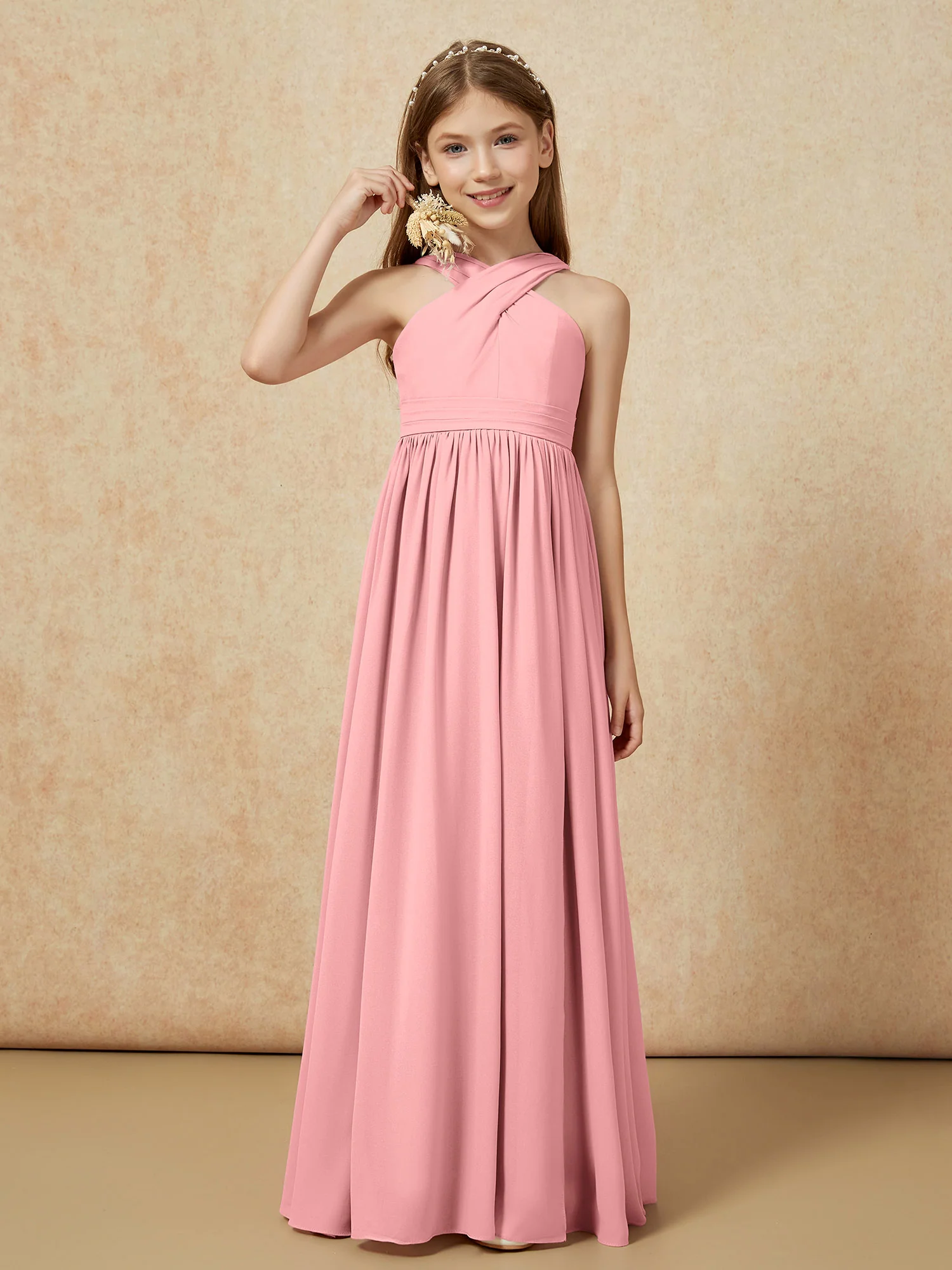 Grecian Neck Chiffon Junior Bridesmaid Dresses With Slit Flamingo