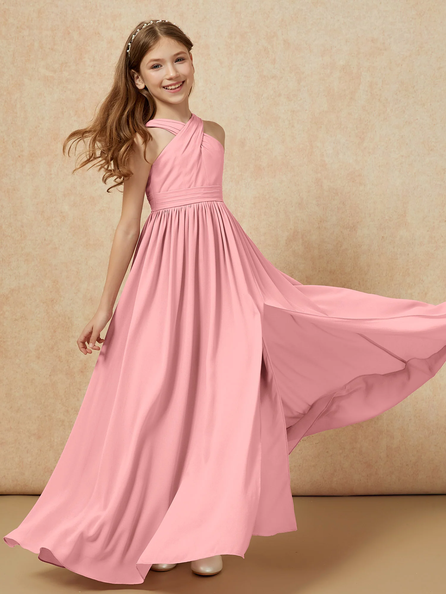 Grecian Neck Chiffon Junior Bridesmaid Dresses With Slit Flamingo - Image 6
