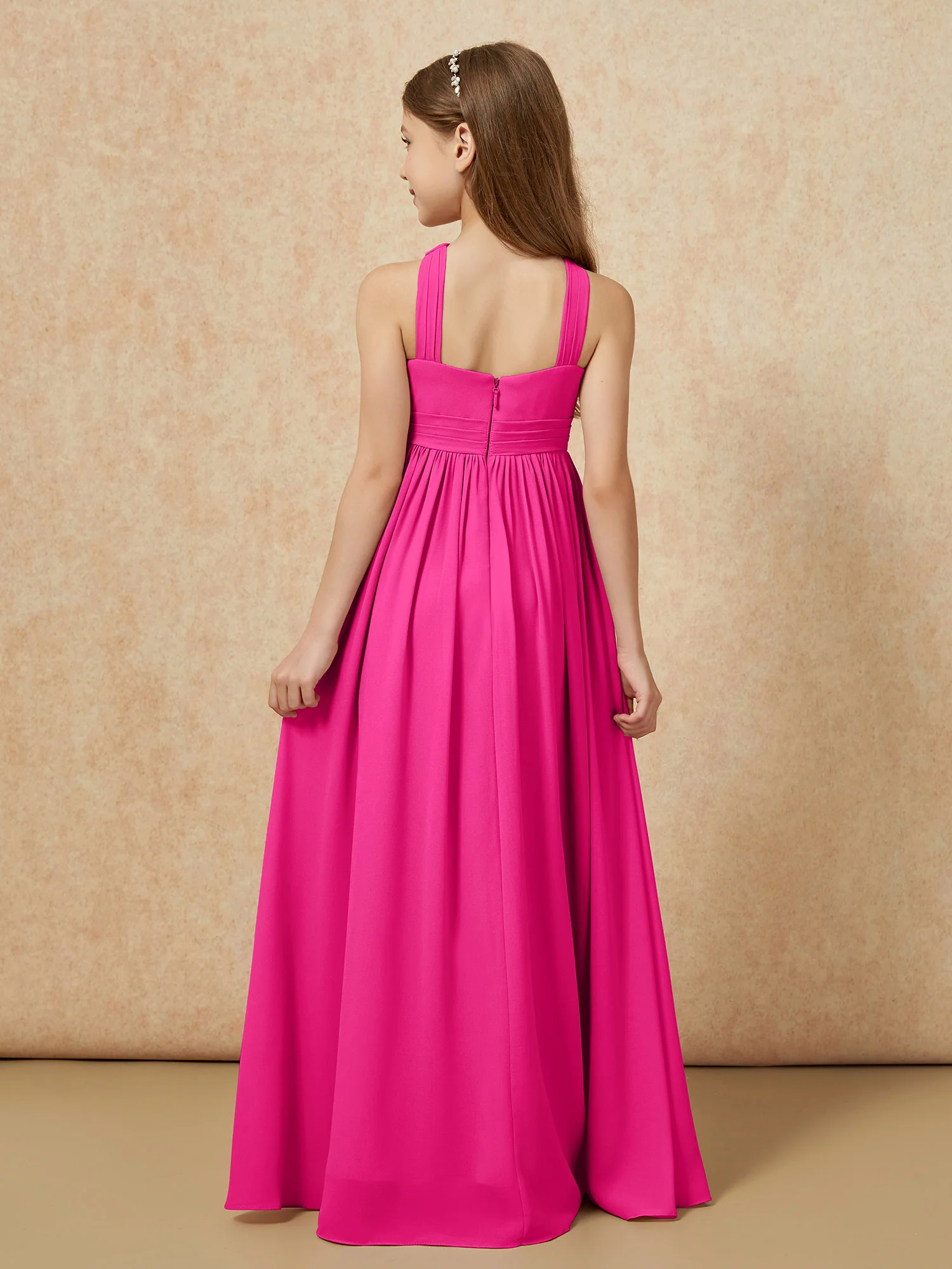 Grecian Neck Chiffon Junior Bridesmaid Dresses With Slit Fuchsia - Image 2