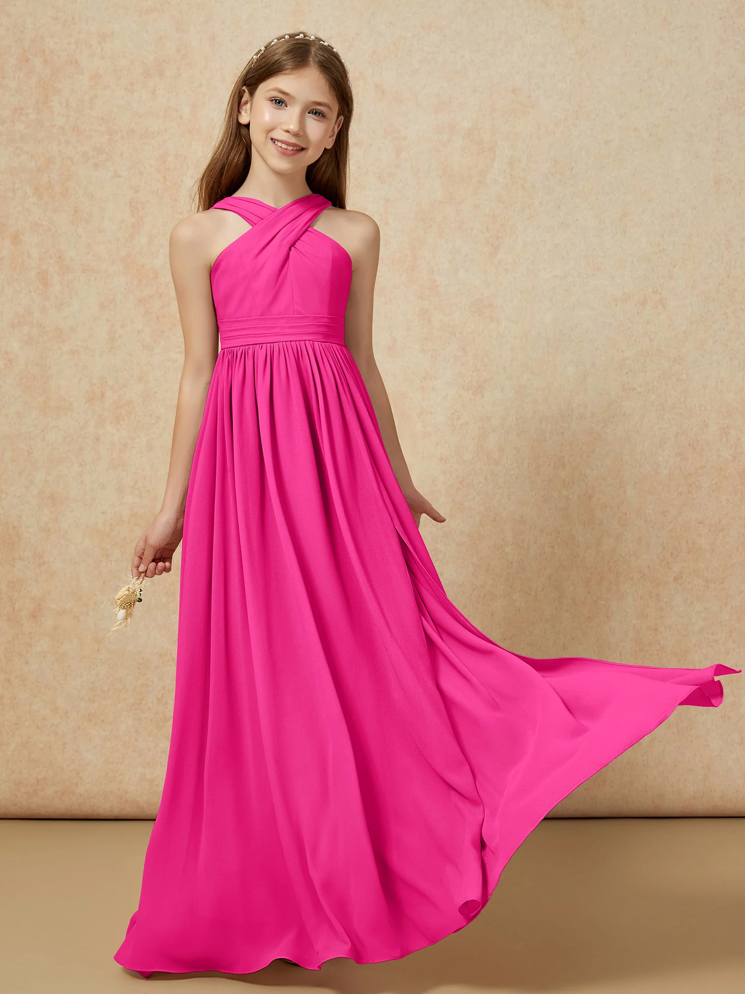 Grecian Neck Chiffon Junior Bridesmaid Dresses With Slit Fuchsia - Image 5