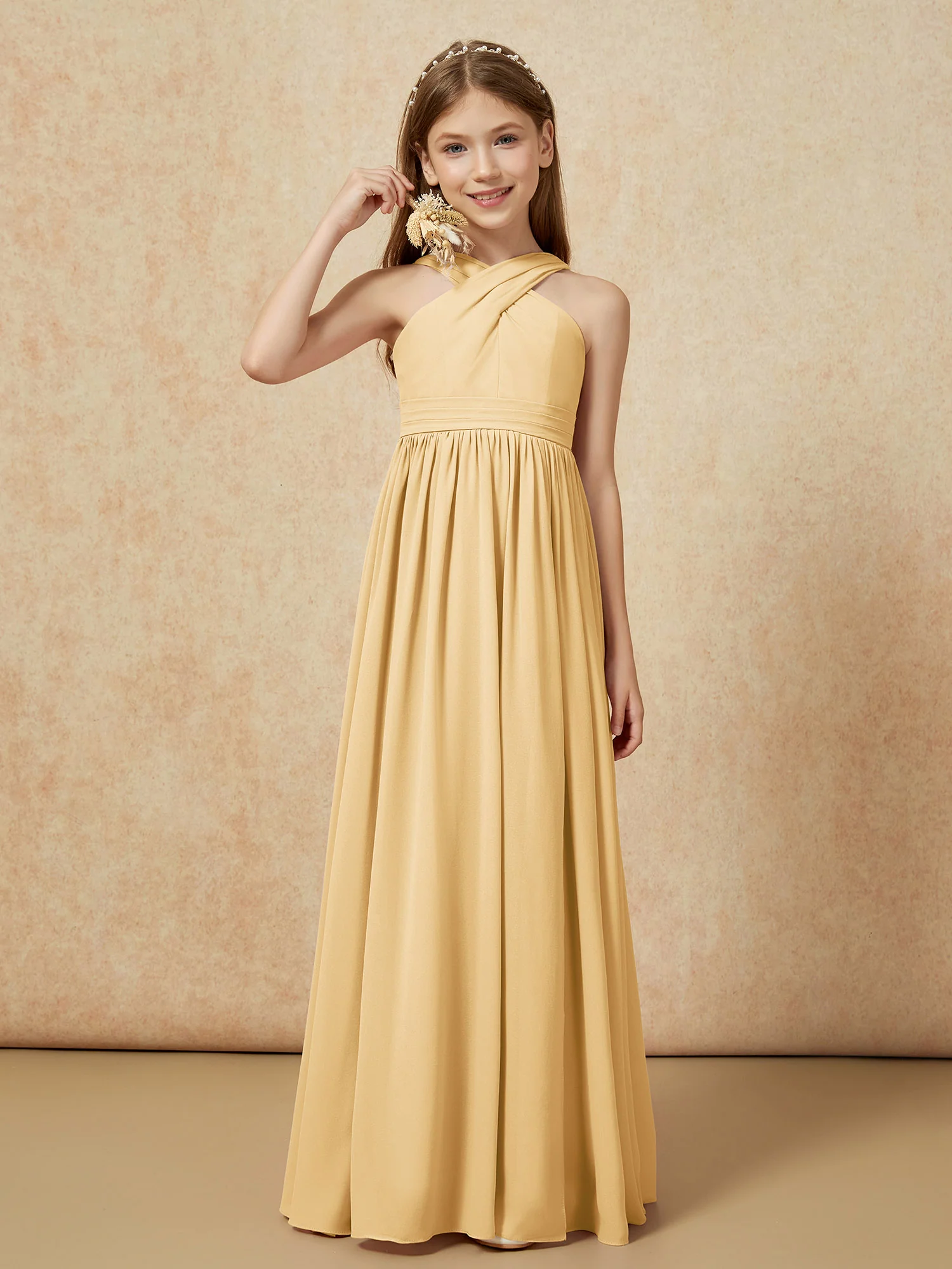 Grecian Neck Chiffon Junior Bridesmaid Dresses With Slit Gold