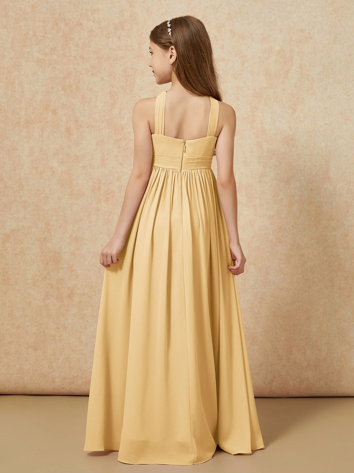 Grecian Neck Chiffon Junior Bridesmaid Dresses With Slit Gold - Image 2