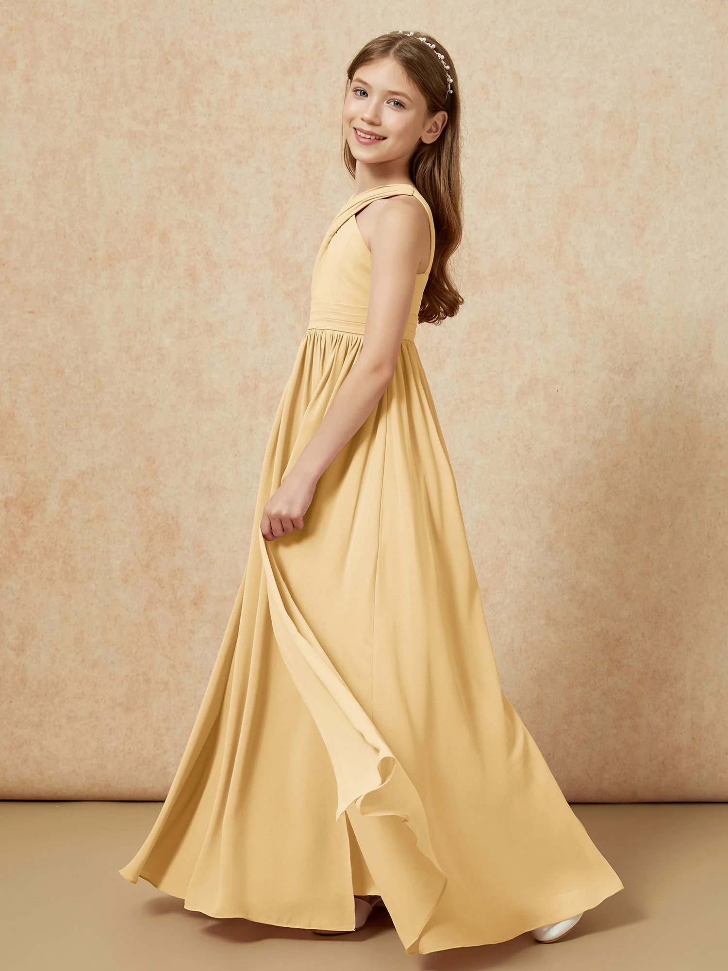 Grecian Neck Chiffon Junior Bridesmaid Dresses With Slit Gold - Image 3