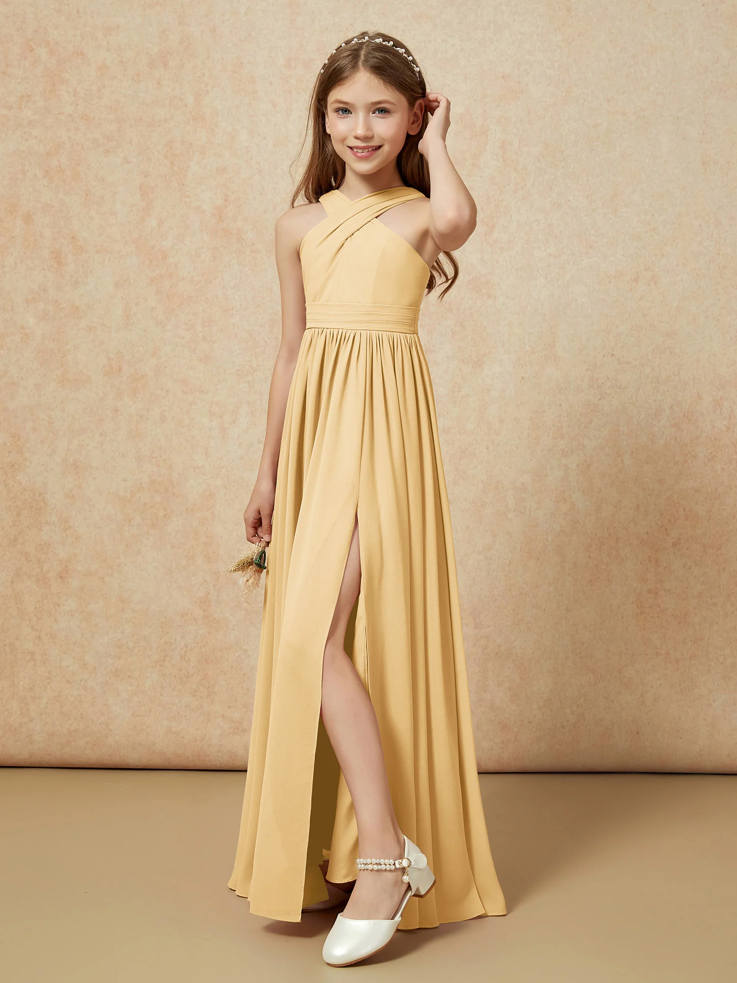 Grecian Neck Chiffon Junior Bridesmaid Dresses With Slit Gold - Image 4