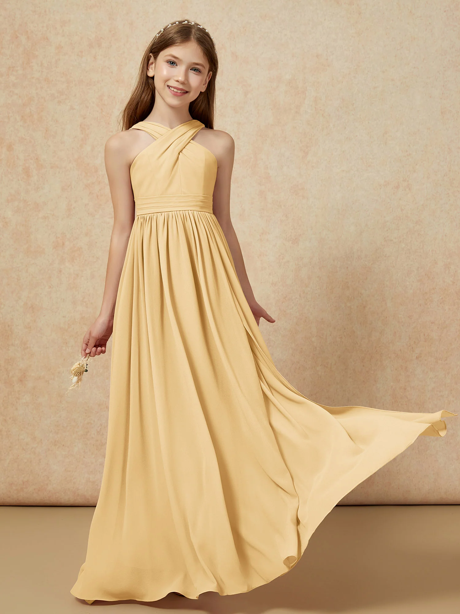 Grecian Neck Chiffon Junior Bridesmaid Dresses With Slit Gold - Image 5