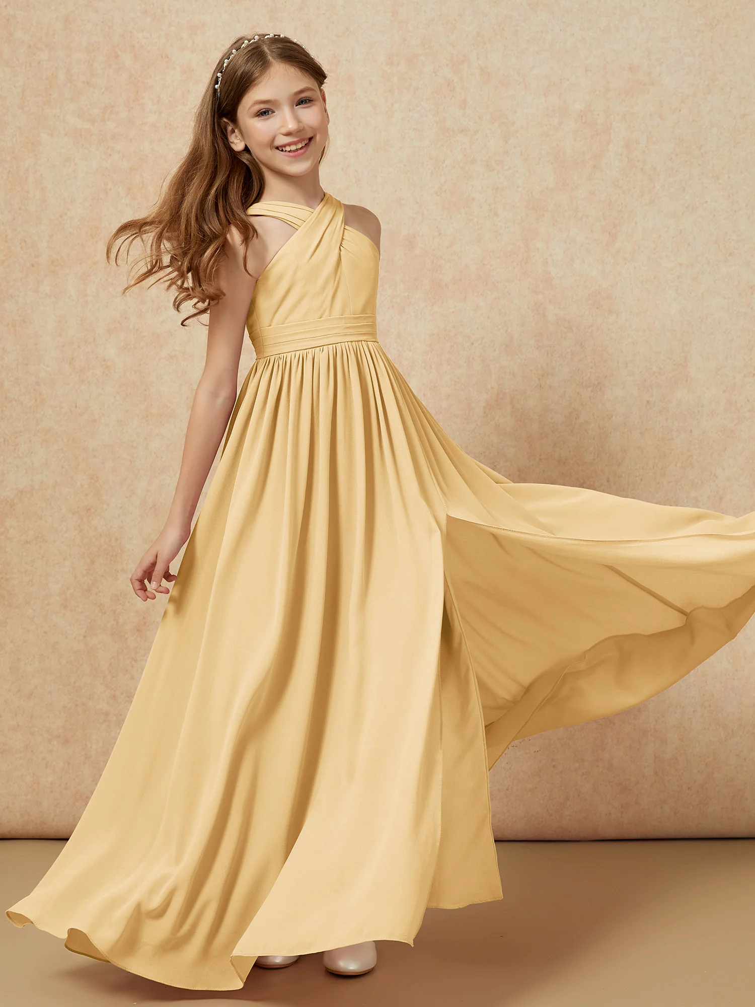 Grecian Neck Chiffon Junior Bridesmaid Dresses With Slit Gold - Image 6