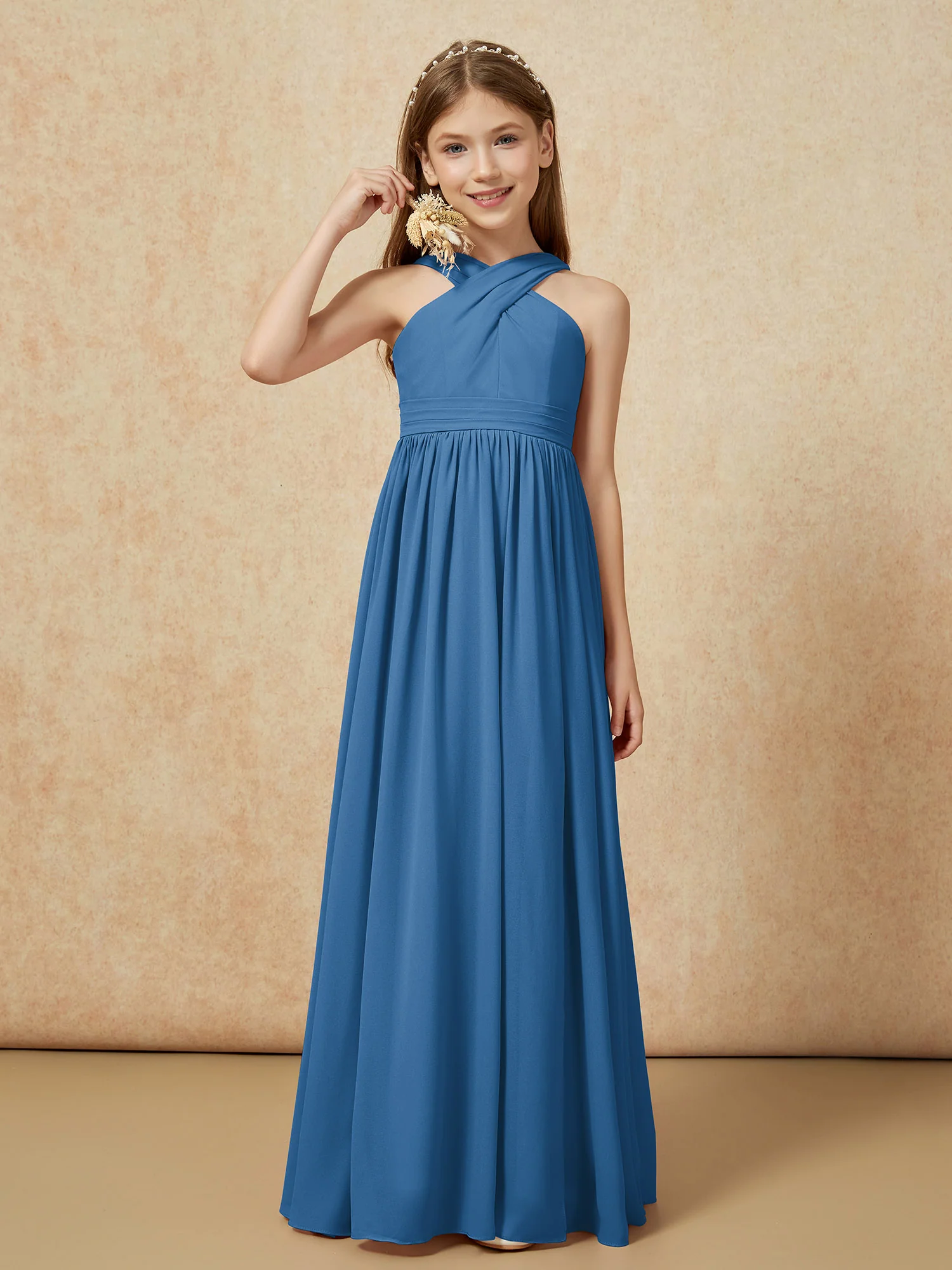 Grecian Neck Chiffon Junior Bridesmaid Dresses With Slit Ink Blue