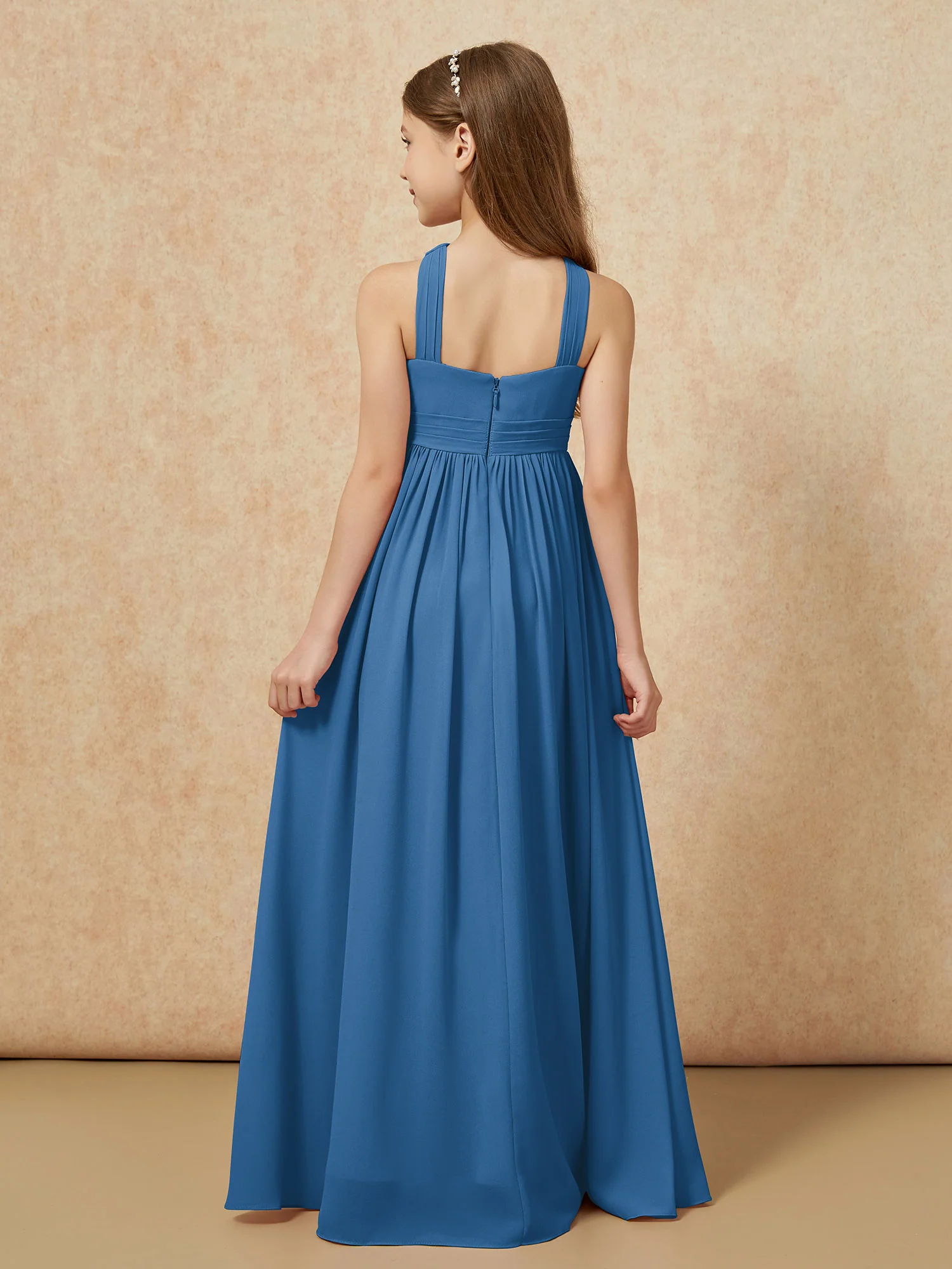 Grecian Neck Chiffon Junior Bridesmaid Dresses With Slit Ink Blue - Image 2