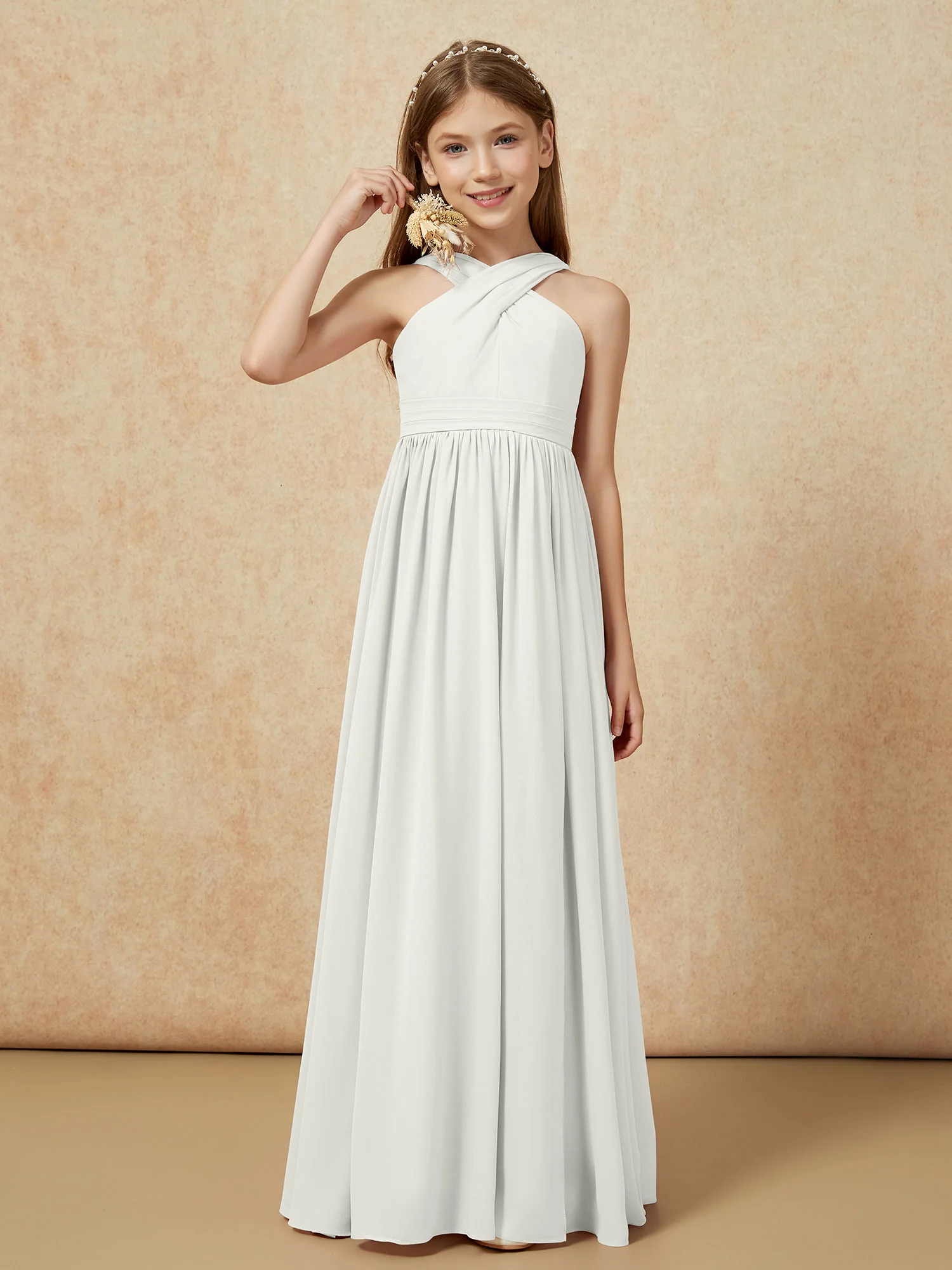 Grecian Neck Chiffon Junior Bridesmaid Dresses With Slit Ivory