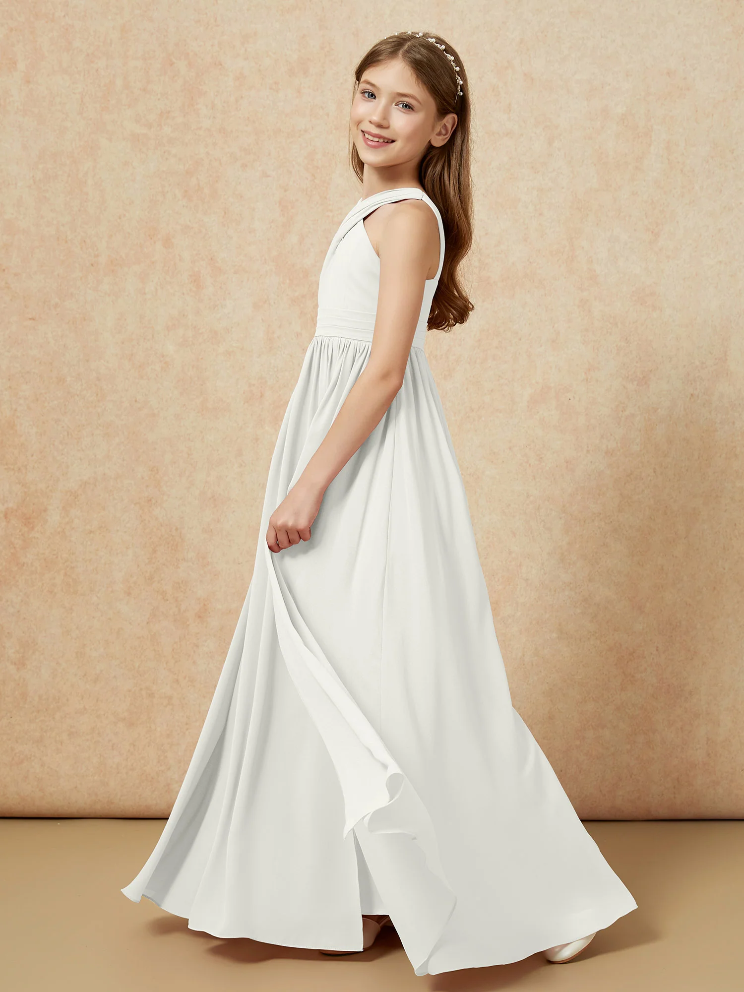 Grecian Neck Chiffon Junior Bridesmaid Dresses With Slit Ivory - Image 3