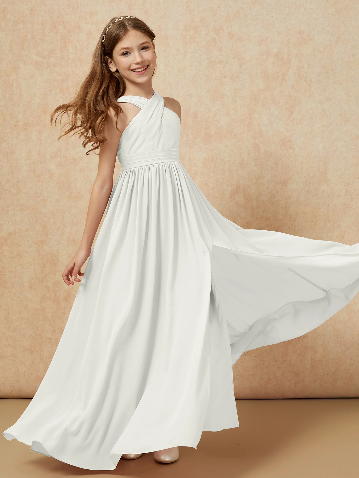 Grecian Neck Chiffon Junior Bridesmaid Dresses With Slit Ivory - Image 6