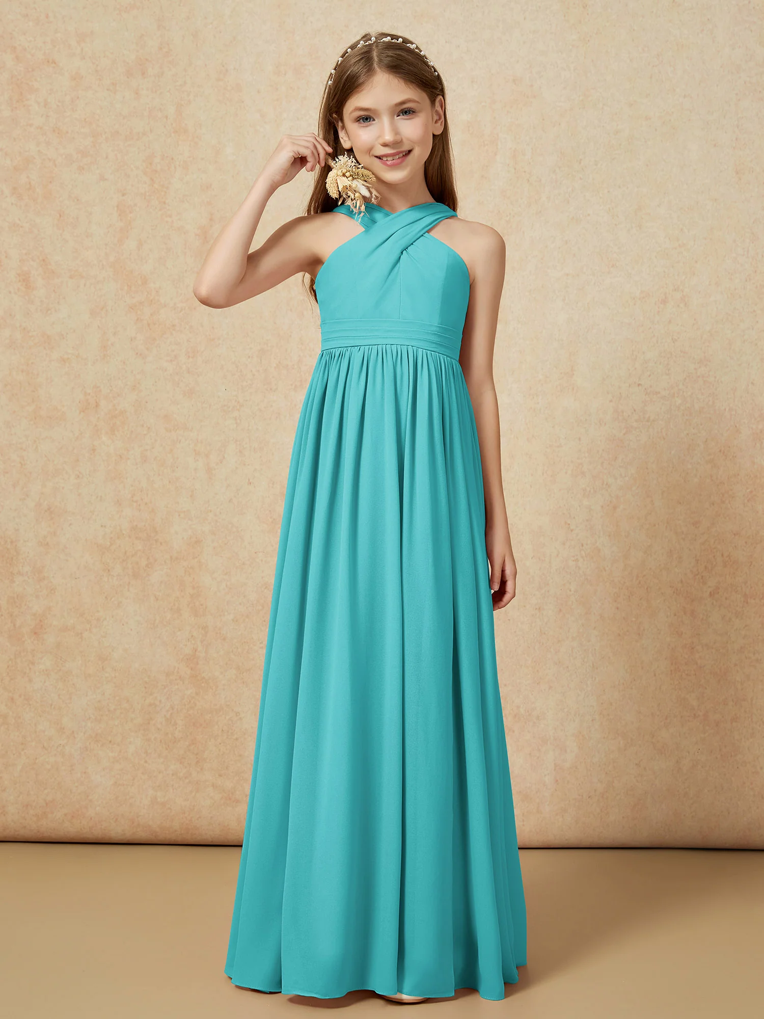 Grecian Neck Chiffon Junior Bridesmaid Dresses With Slit Jade