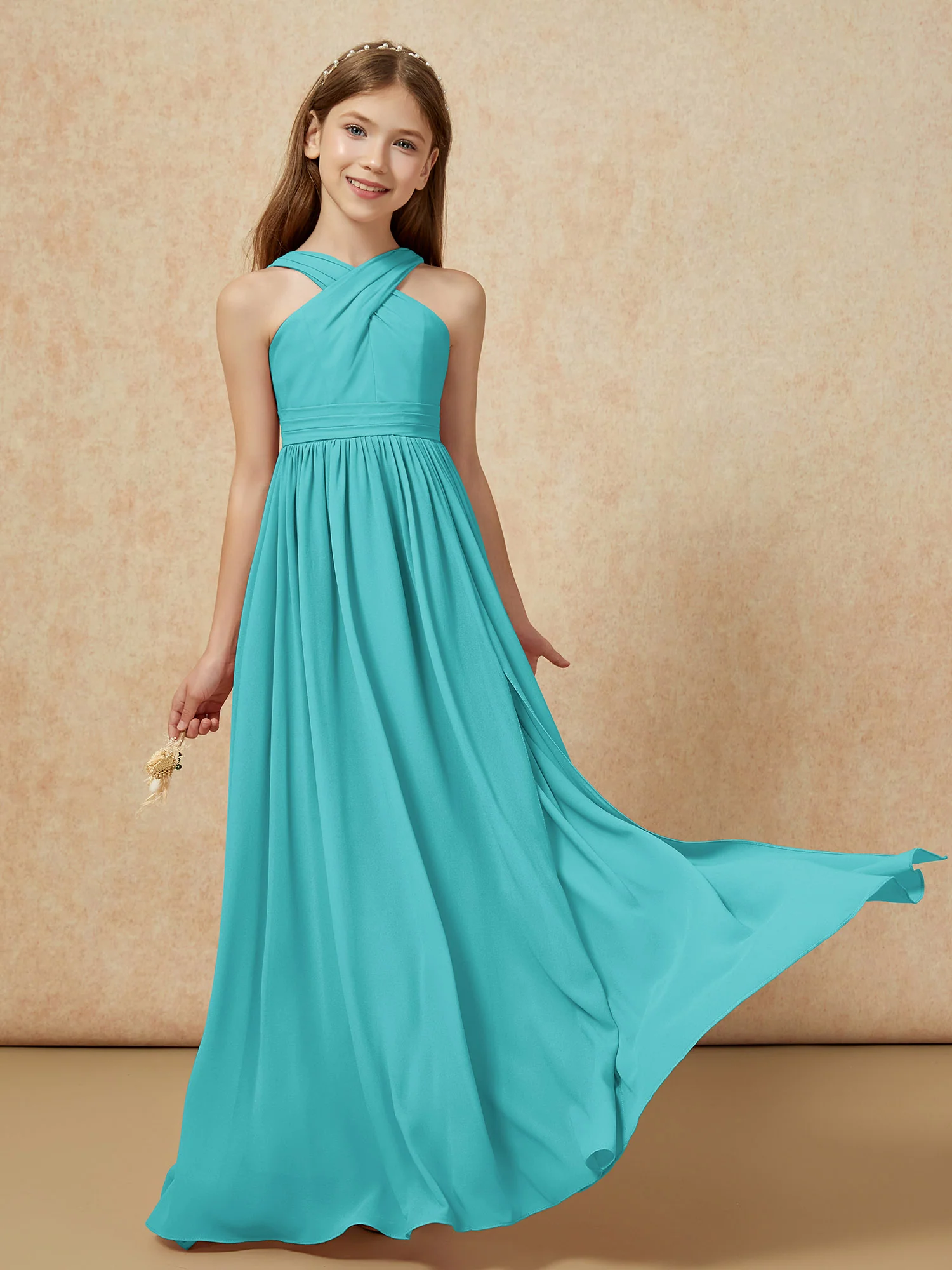 Grecian Neck Chiffon Junior Bridesmaid Dresses With Slit Jade - Image 5