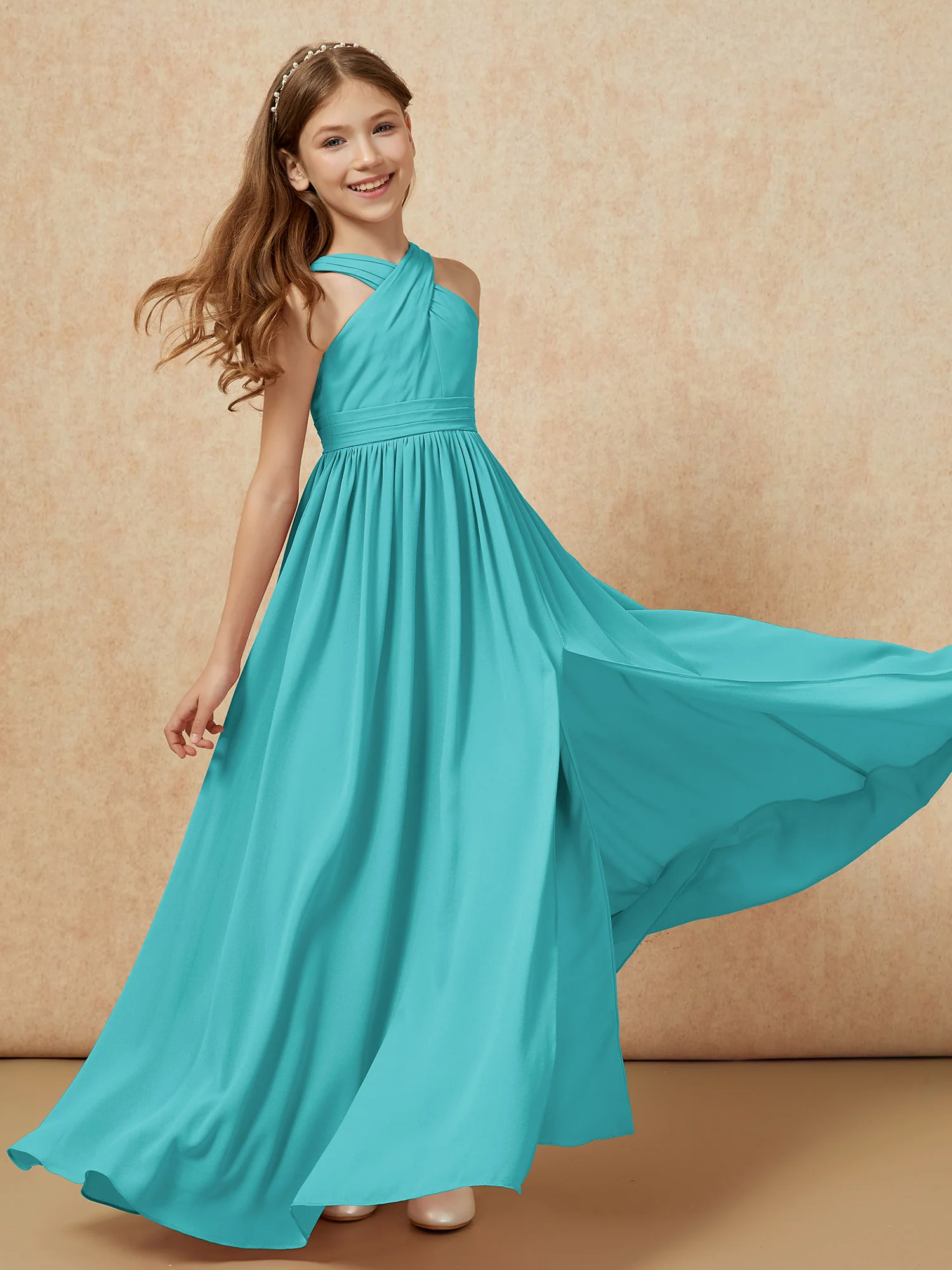Grecian Neck Chiffon Junior Bridesmaid Dresses With Slit Jade - Image 6
