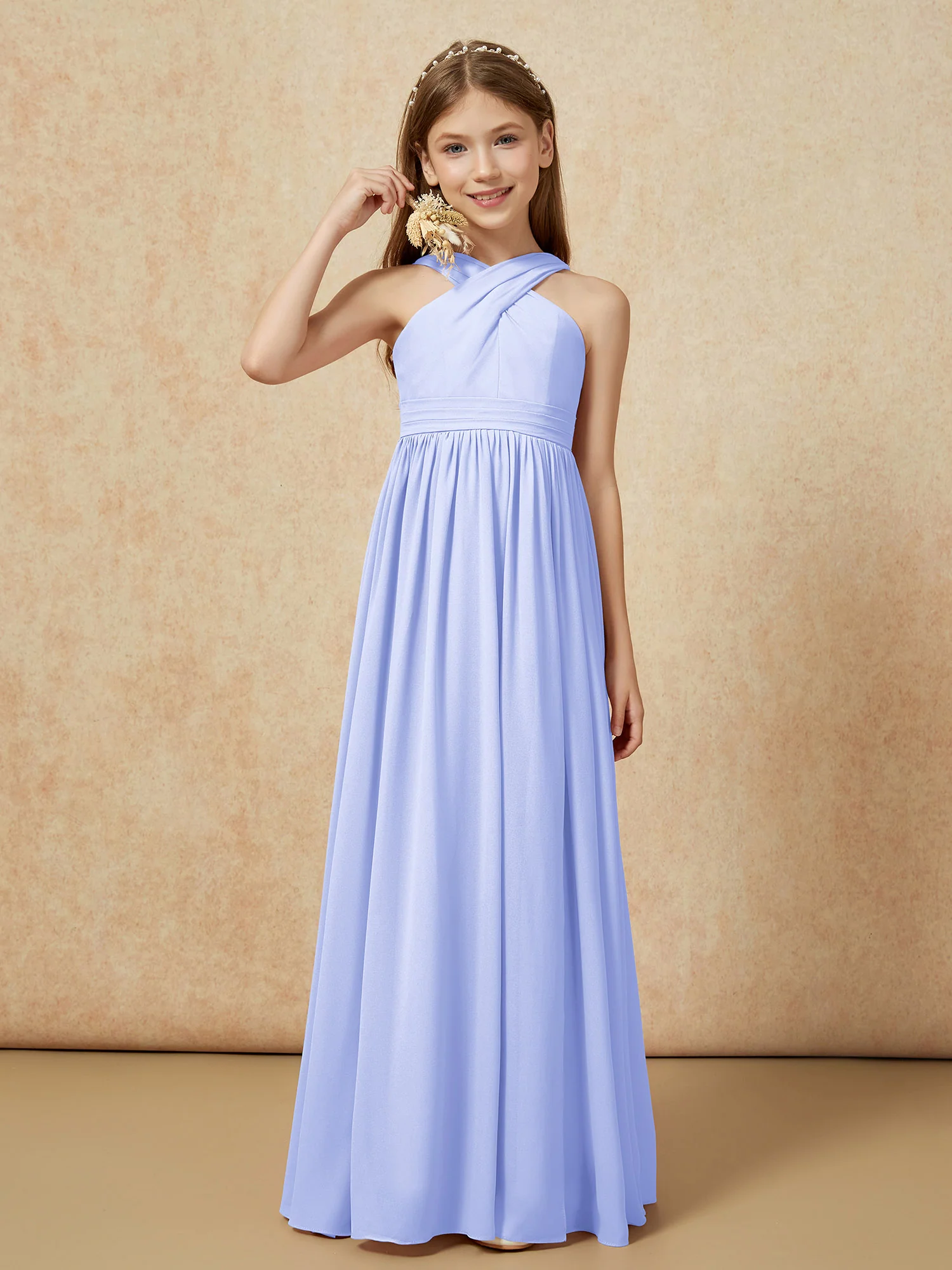 Grecian Neck Chiffon Junior Bridesmaid Dresses With Slit Lavender