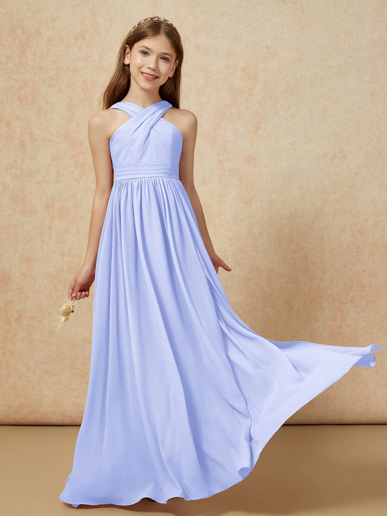 Grecian Neck Chiffon Junior Bridesmaid Dresses With Slit Lavender - Image 5