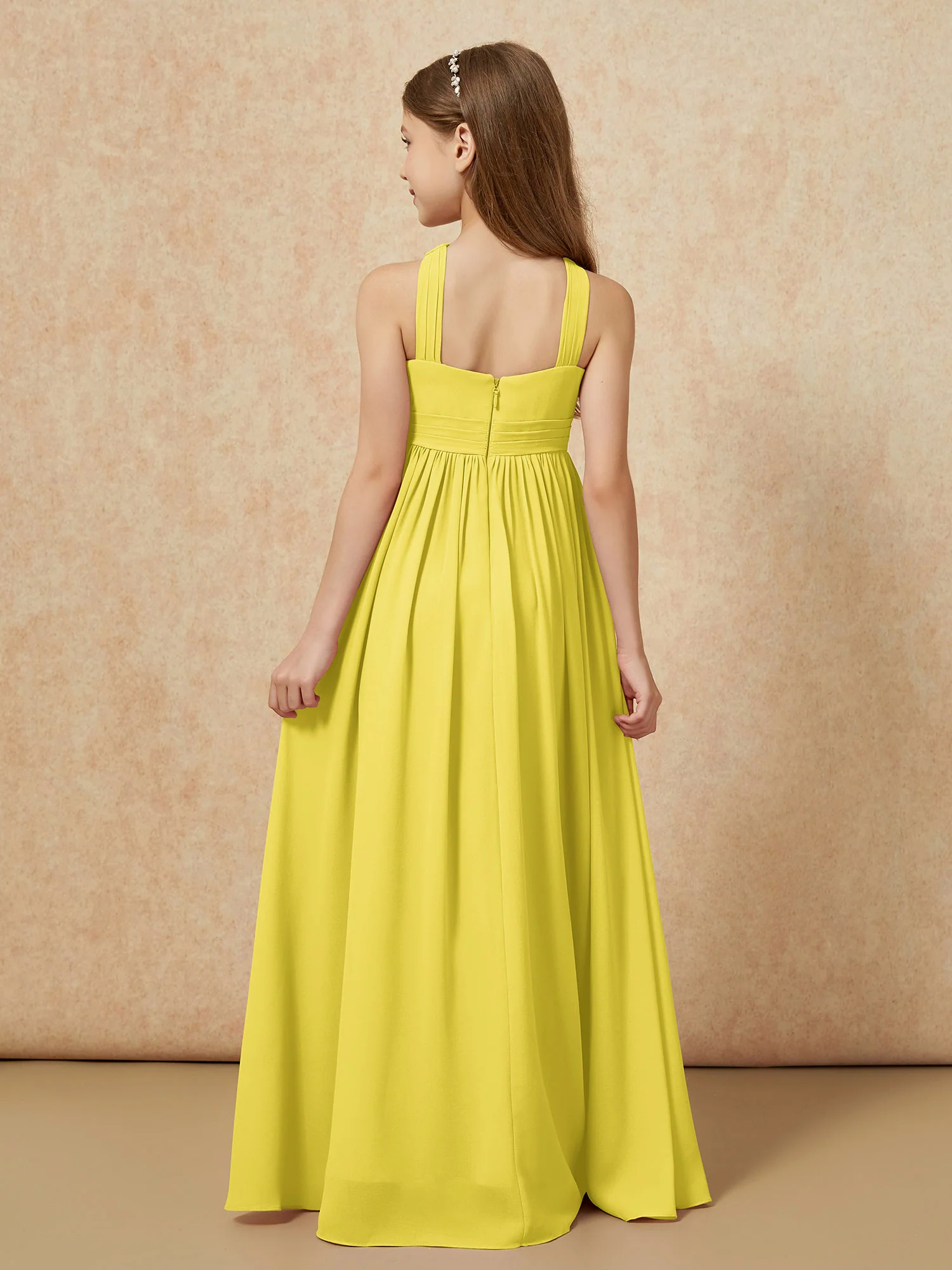 Grecian Neck Chiffon Junior Bridesmaid Dresses With Slit Lemon - Image 2