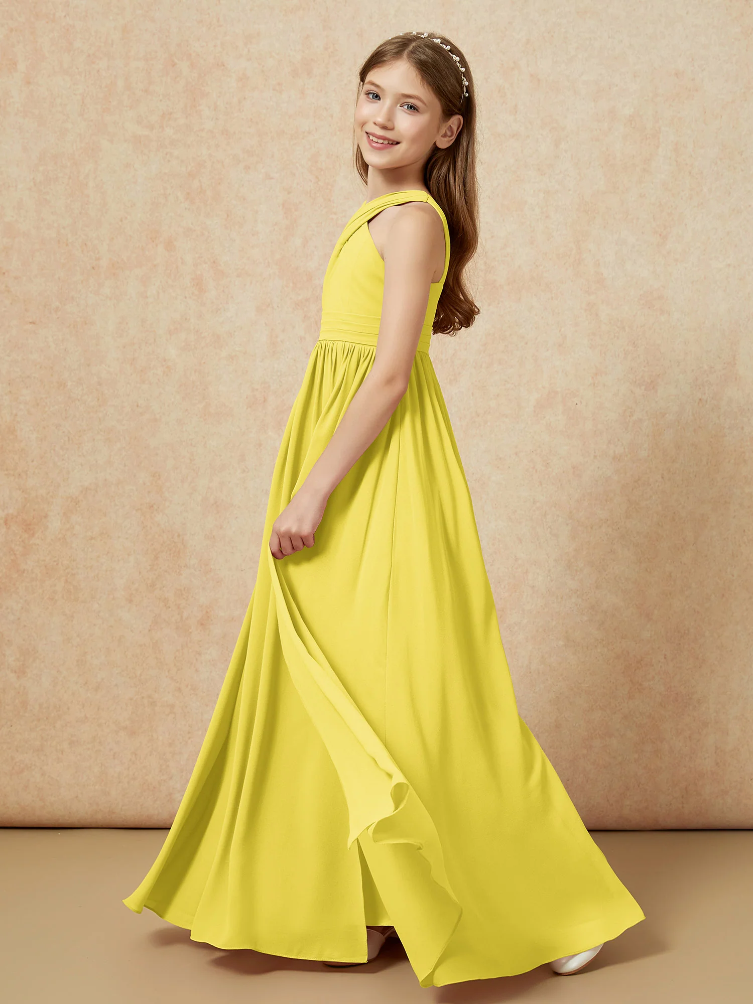 Grecian Neck Chiffon Junior Bridesmaid Dresses With Slit Lemon - Image 3