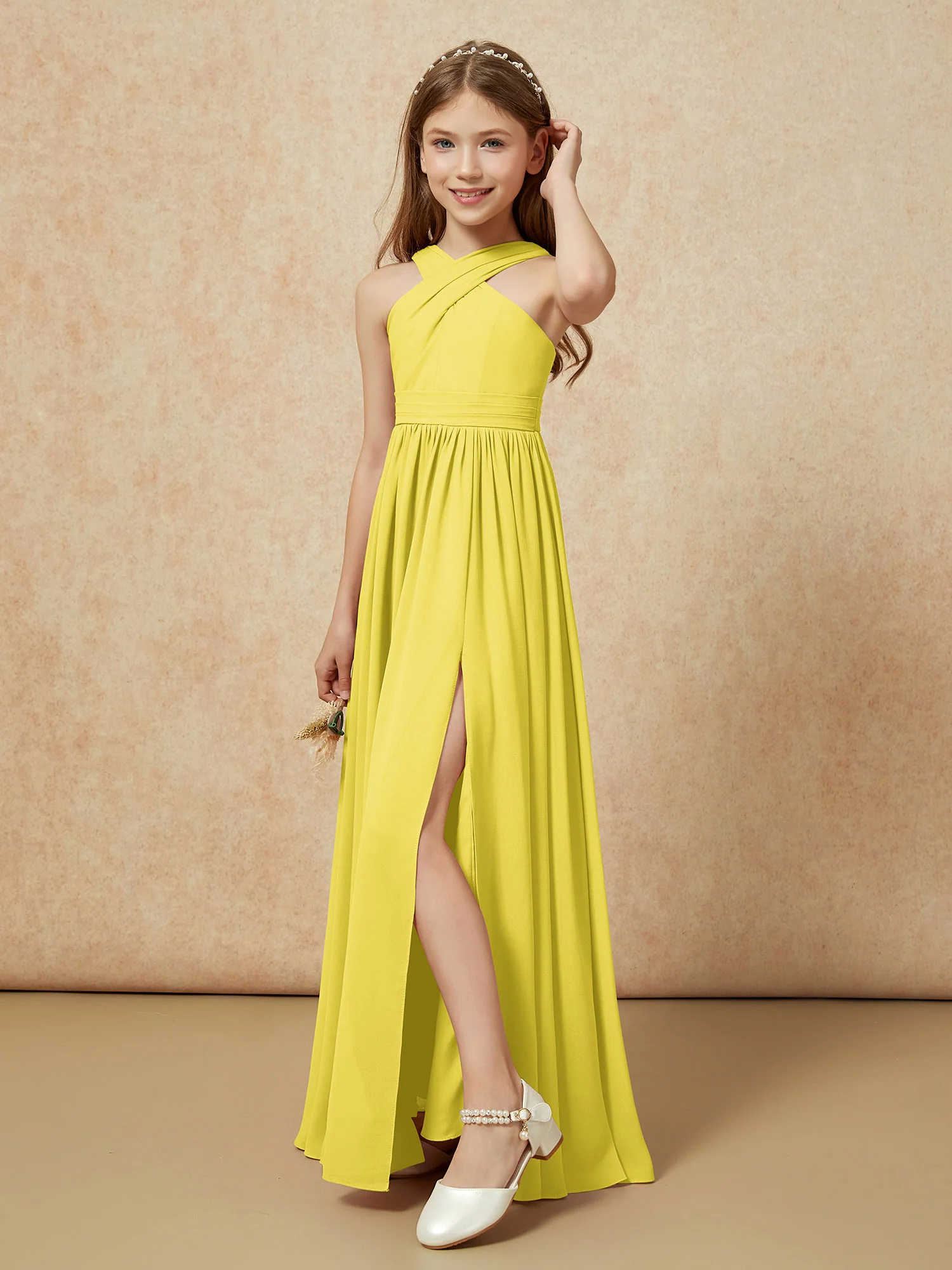 Grecian Neck Chiffon Junior Bridesmaid Dresses With Slit Lemon - Image 4