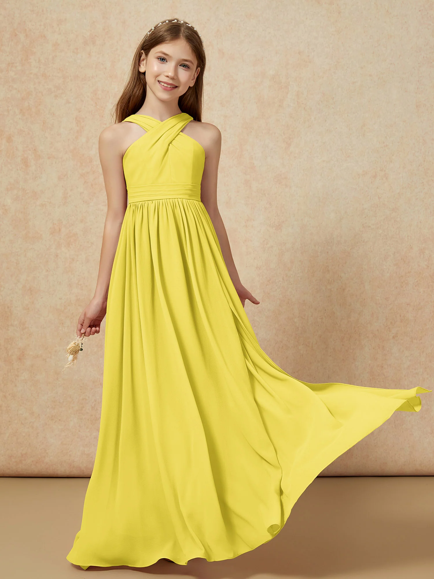 Grecian Neck Chiffon Junior Bridesmaid Dresses With Slit Lemon - Image 5