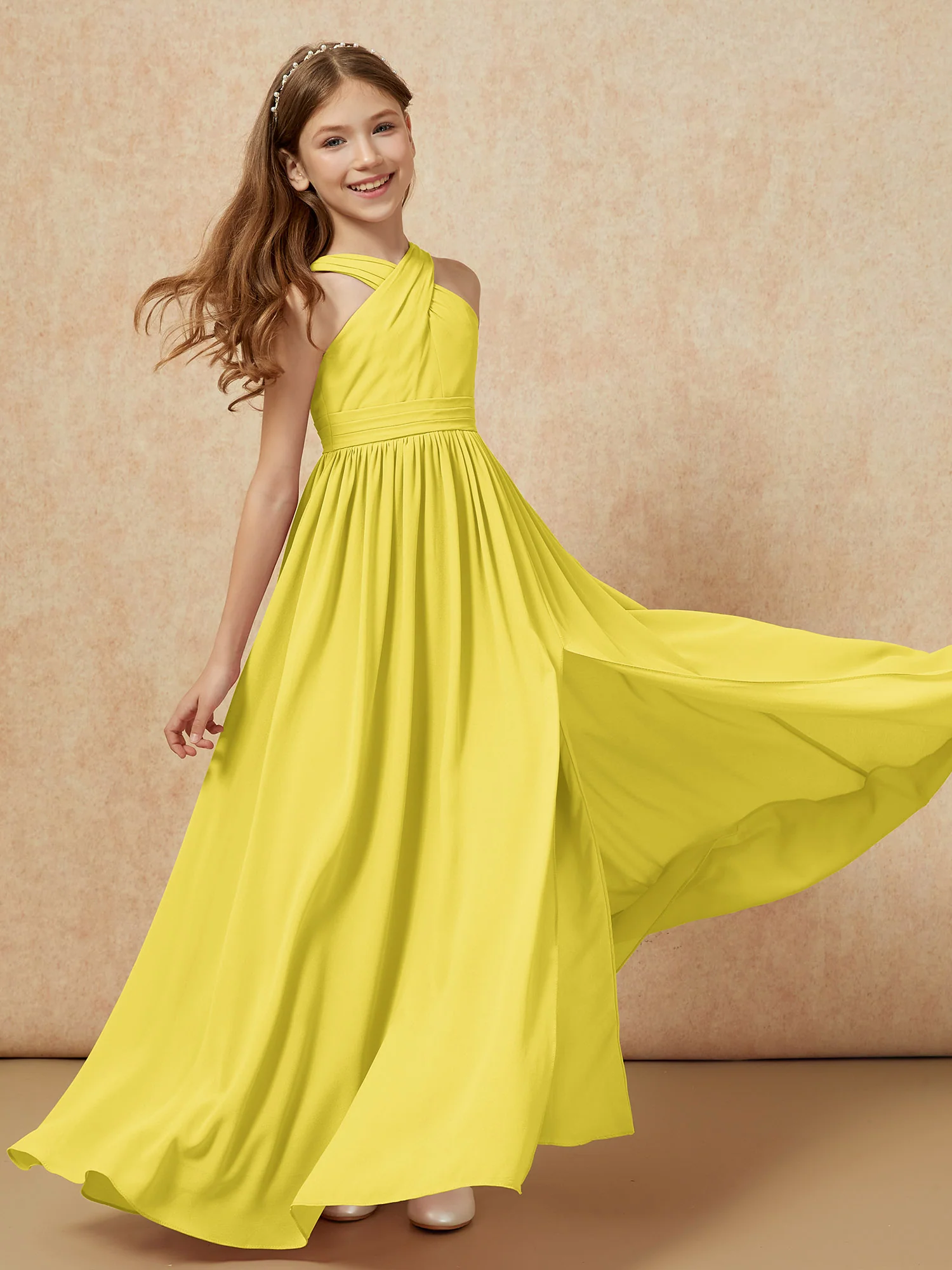 Grecian Neck Chiffon Junior Bridesmaid Dresses With Slit Lemon - Image 6
