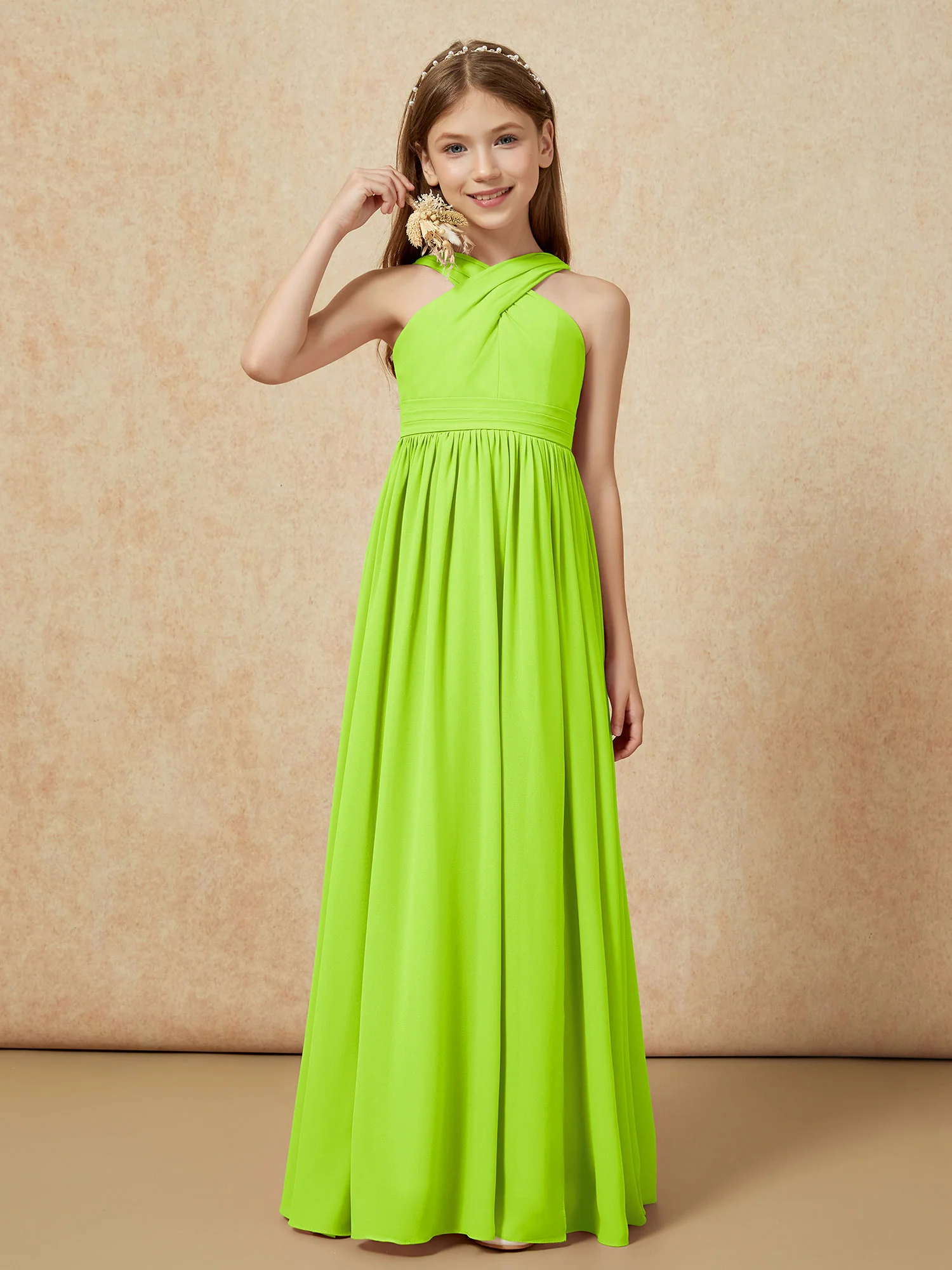 Grecian Neck Chiffon Junior Bridesmaid Dresses With Slit Lime Green