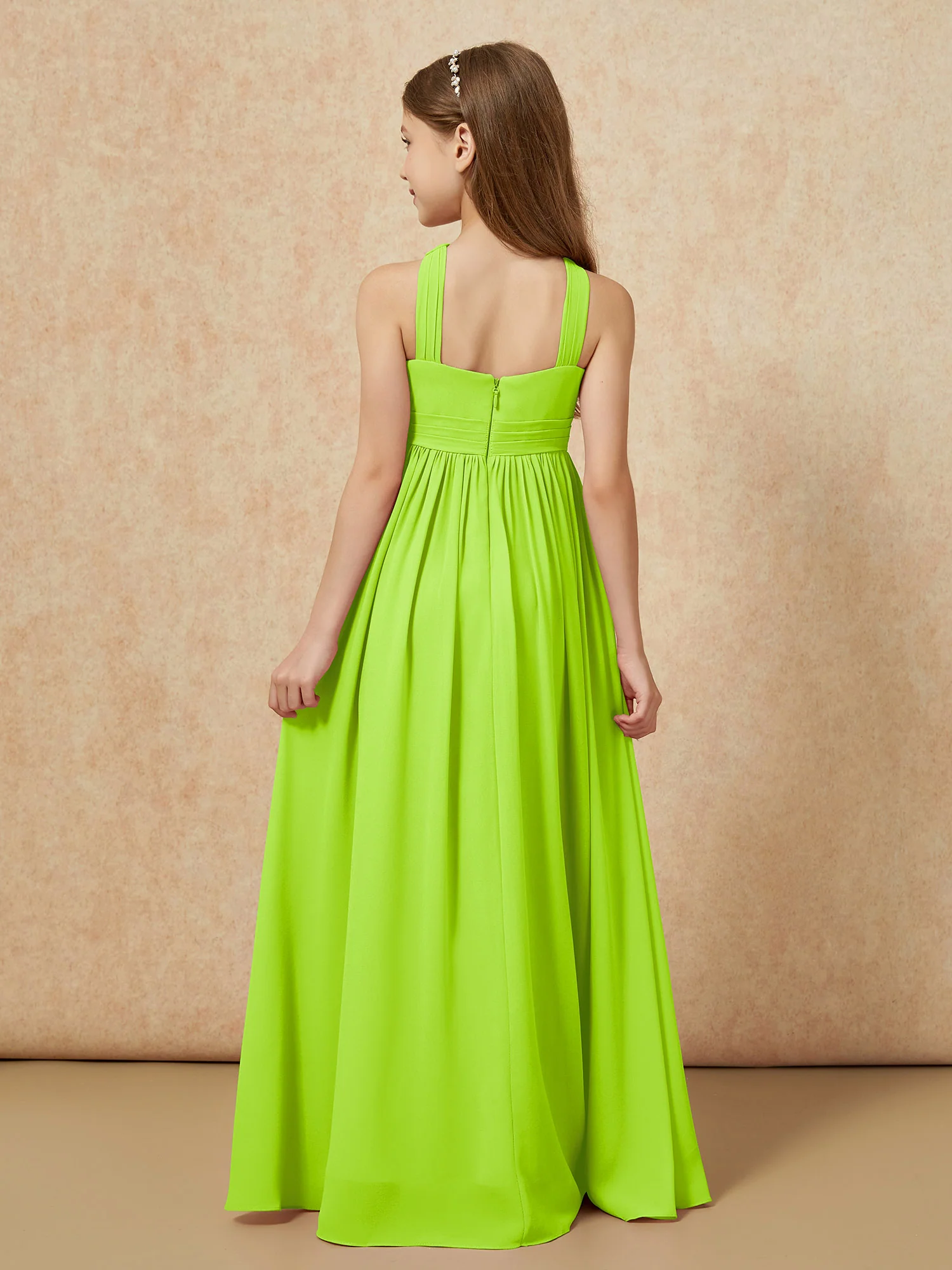 Grecian Neck Chiffon Junior Bridesmaid Dresses With Slit Lime Green - Image 2