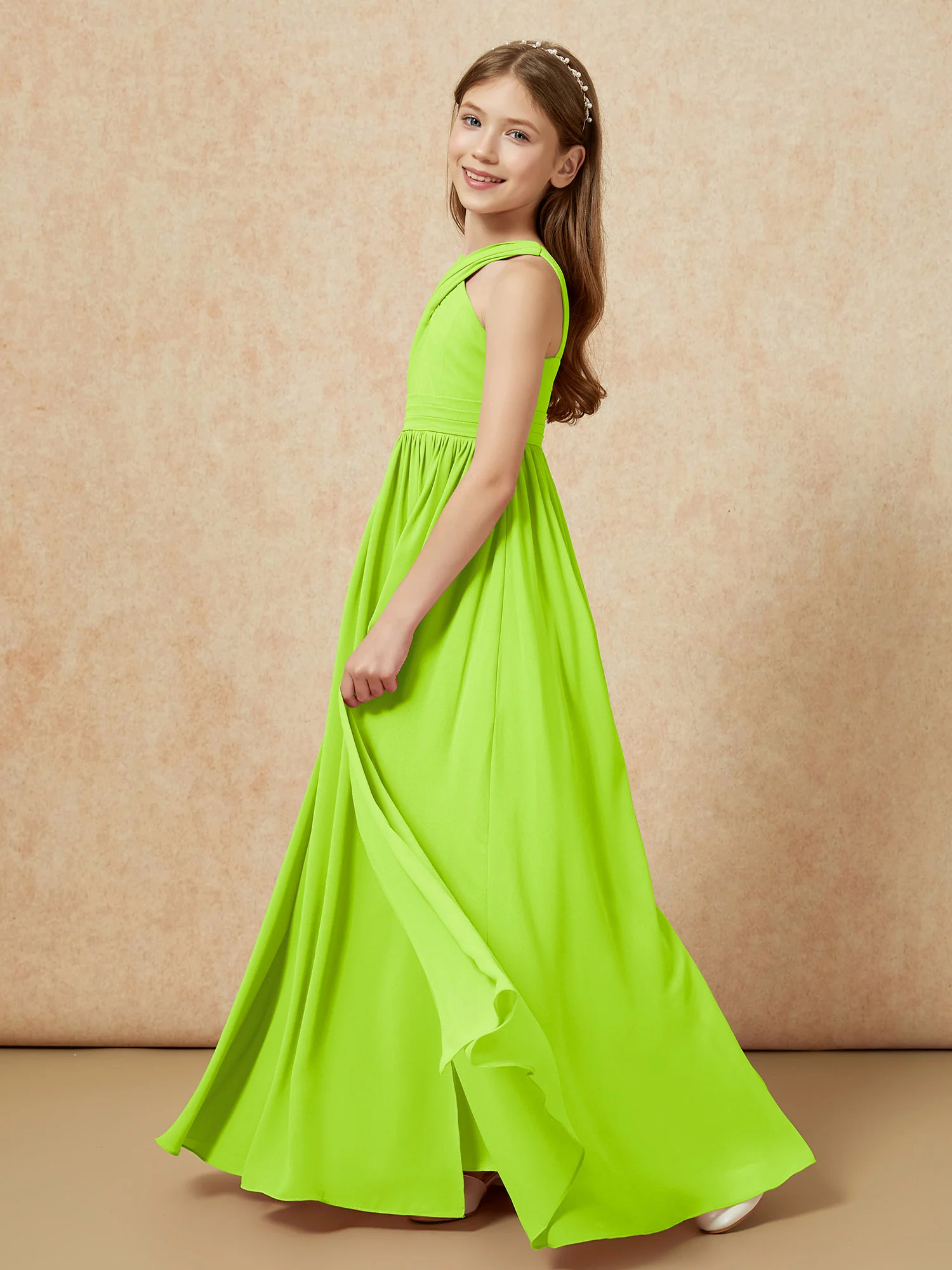Grecian Neck Chiffon Junior Bridesmaid Dresses With Slit Lime Green - Image 3