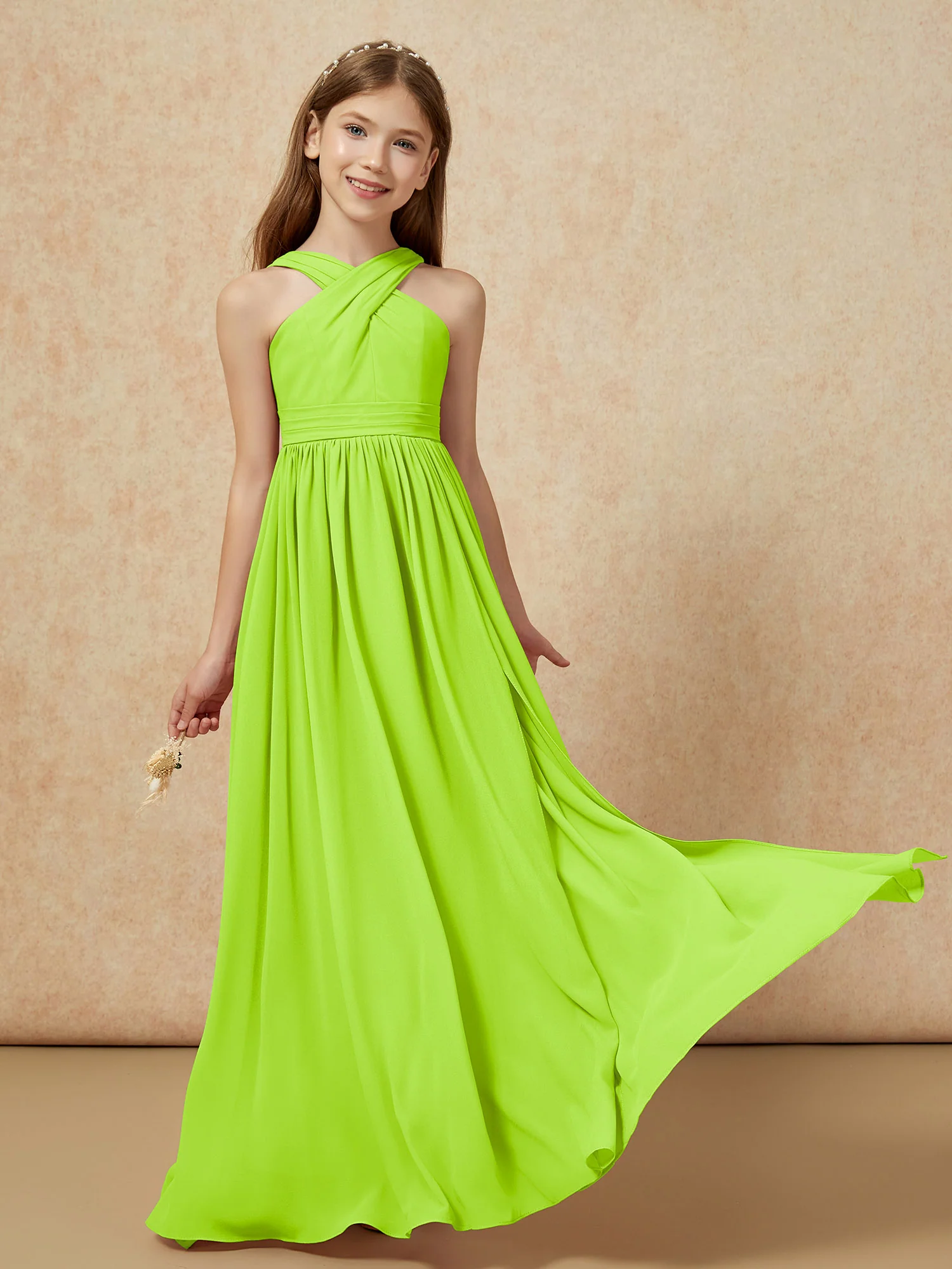 Grecian Neck Chiffon Junior Bridesmaid Dresses With Slit Lime Green - Image 5