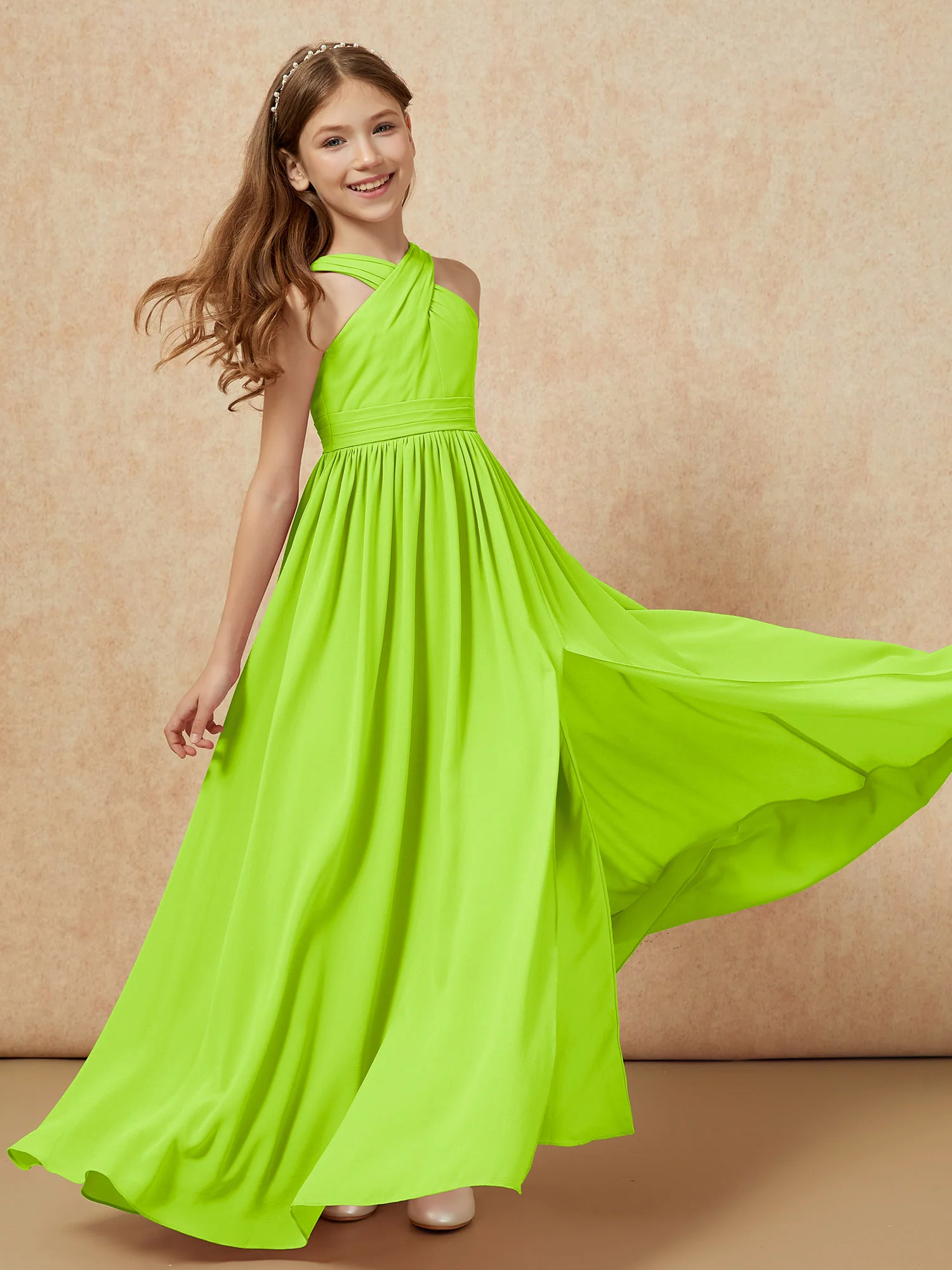 Grecian Neck Chiffon Junior Bridesmaid Dresses With Slit Lime Green - Image 6