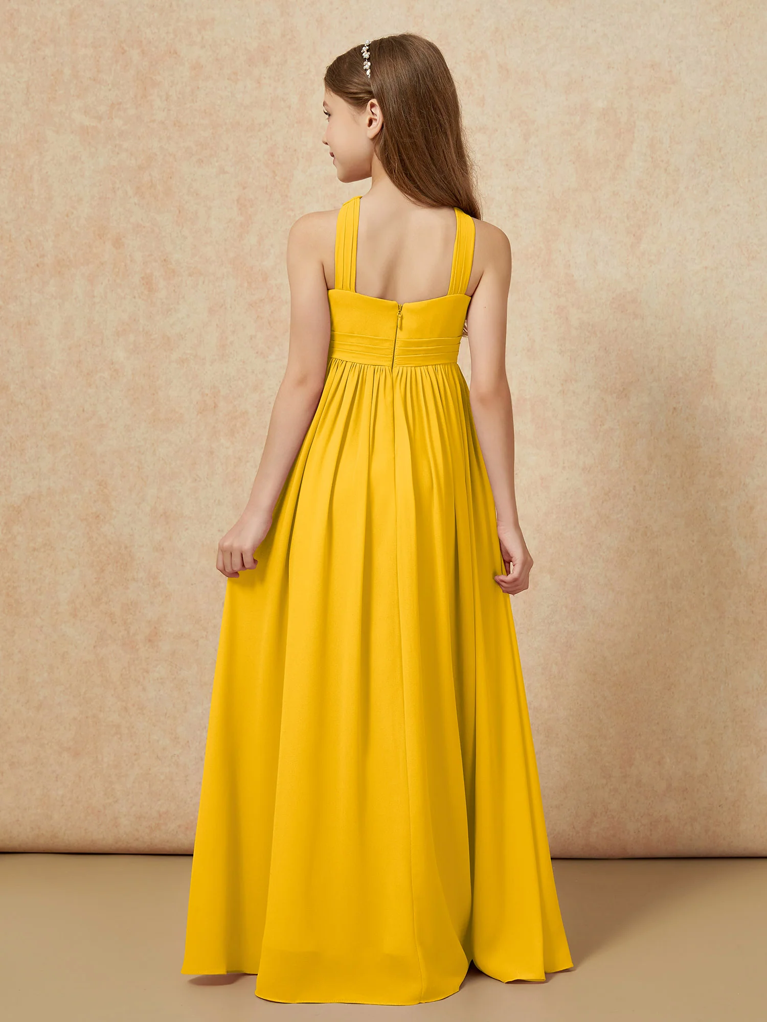 Grecian Neck Chiffon Junior Bridesmaid Dresses With Slit Marigold - Image 2
