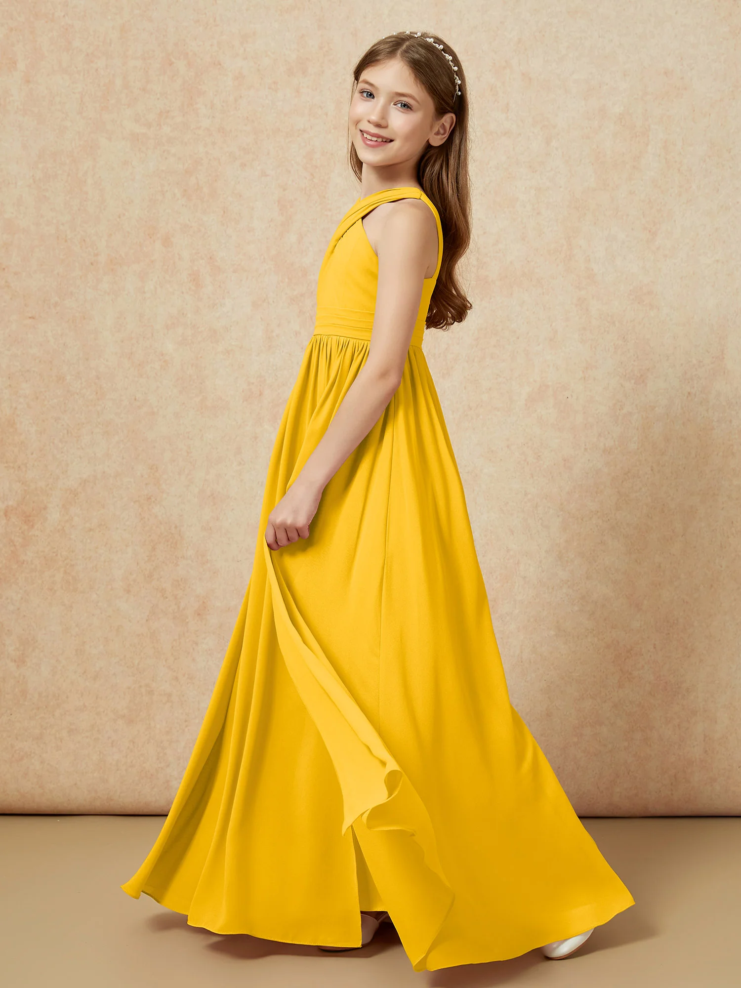 Grecian Neck Chiffon Junior Bridesmaid Dresses With Slit Marigold - Image 3