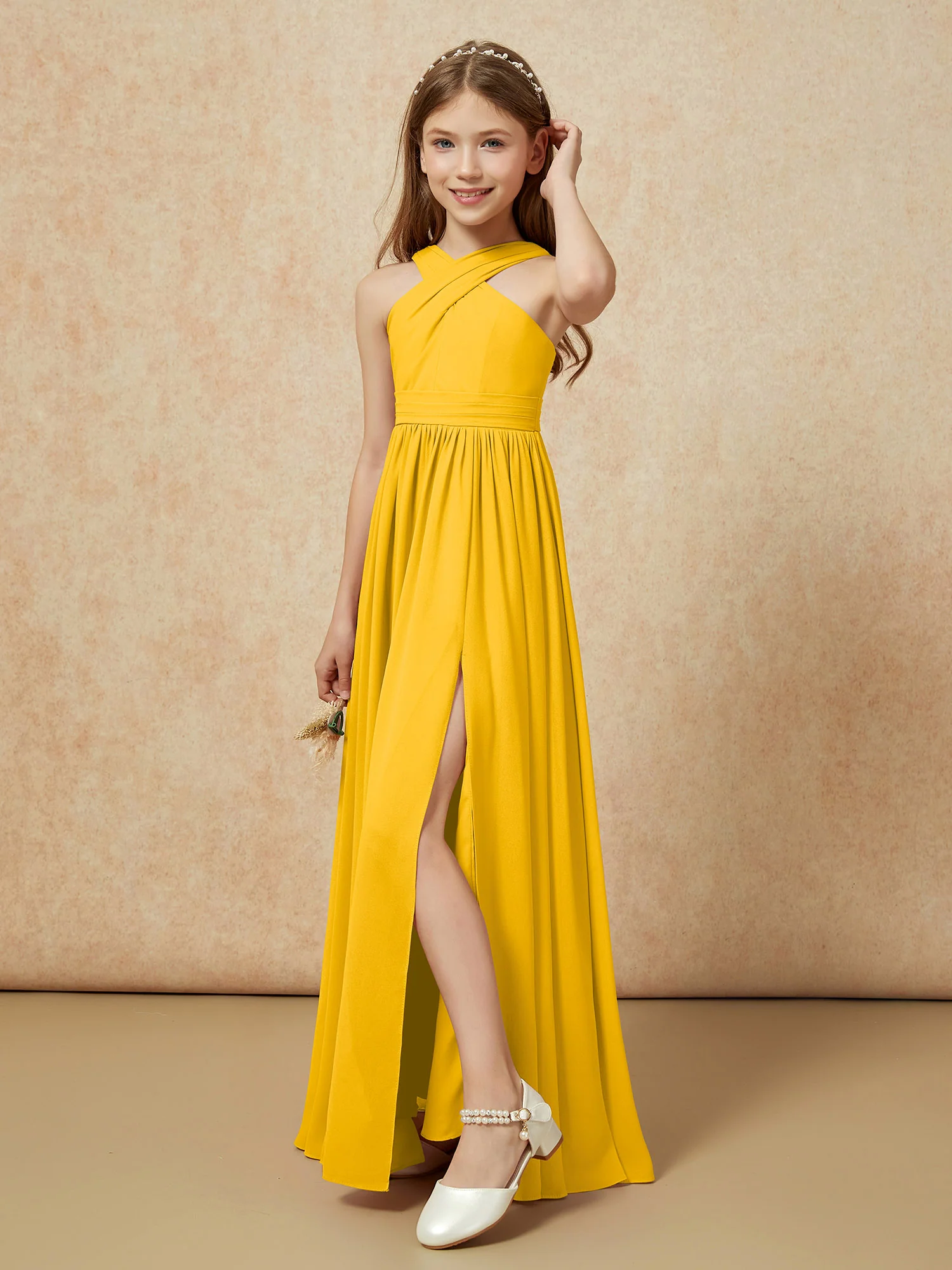 Grecian Neck Chiffon Junior Bridesmaid Dresses With Slit Marigold - Image 4
