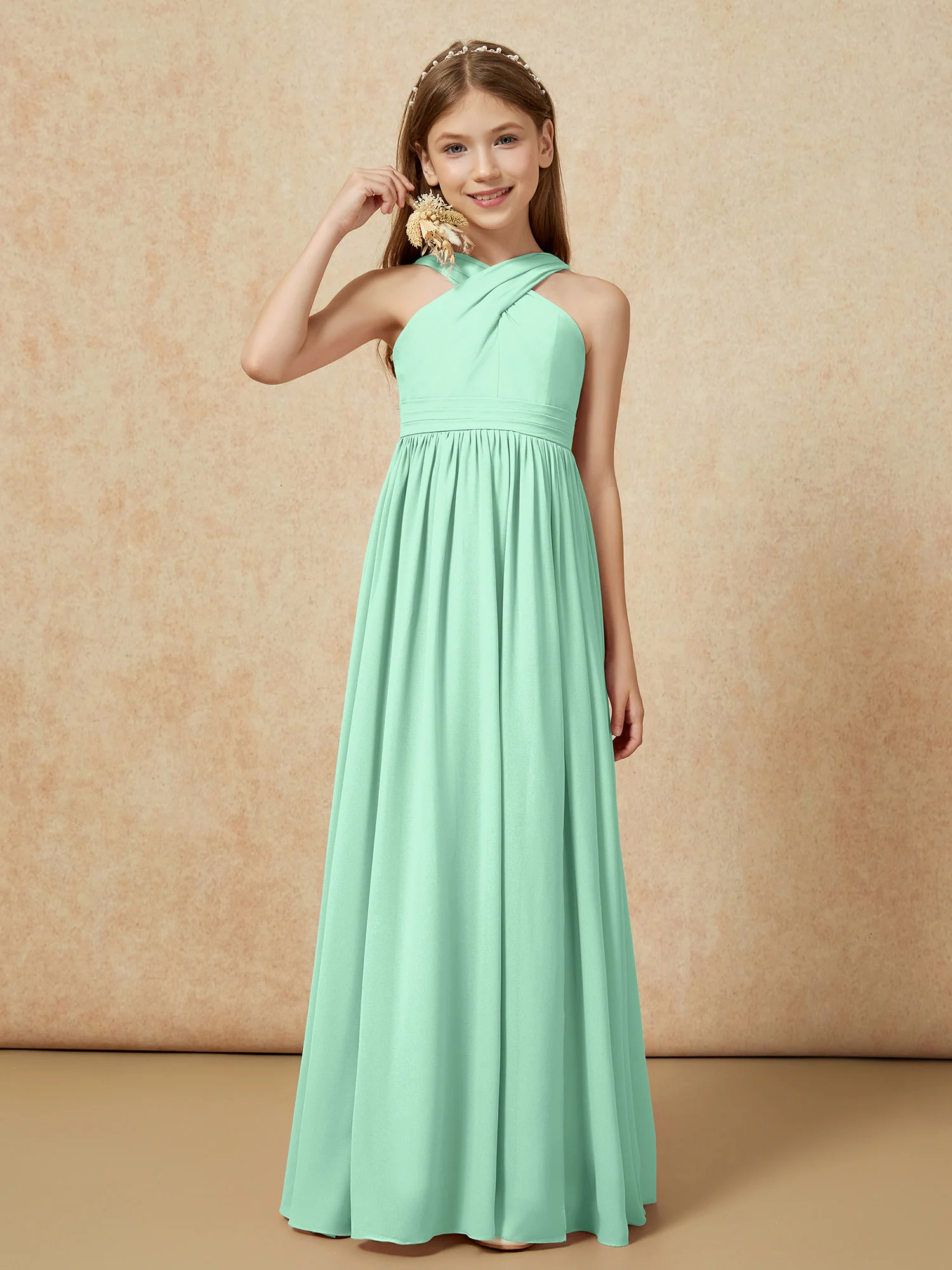 Grecian Neck Chiffon Junior Bridesmaid Dresses With Slit Mint Green