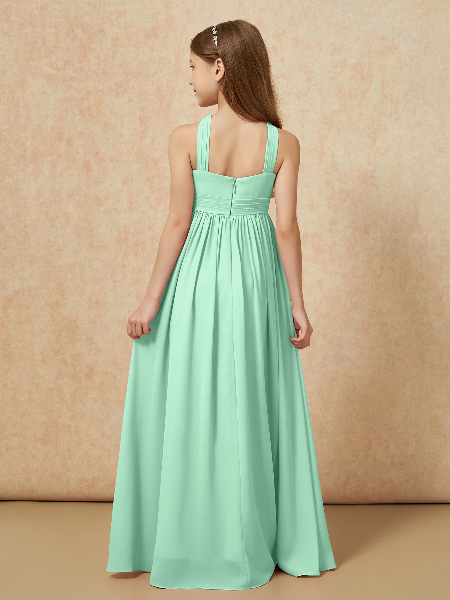 Grecian Neck Chiffon Junior Bridesmaid Dresses With Slit Mint Green - Image 2