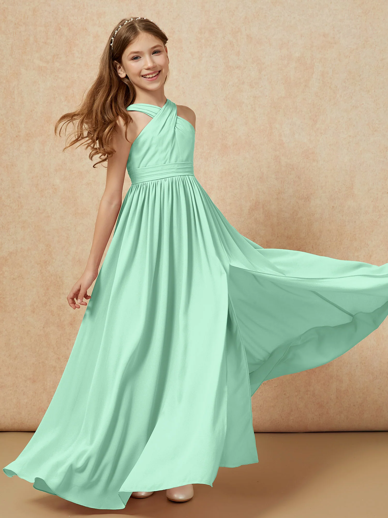 Grecian Neck Chiffon Junior Bridesmaid Dresses With Slit Mint Green - Image 6