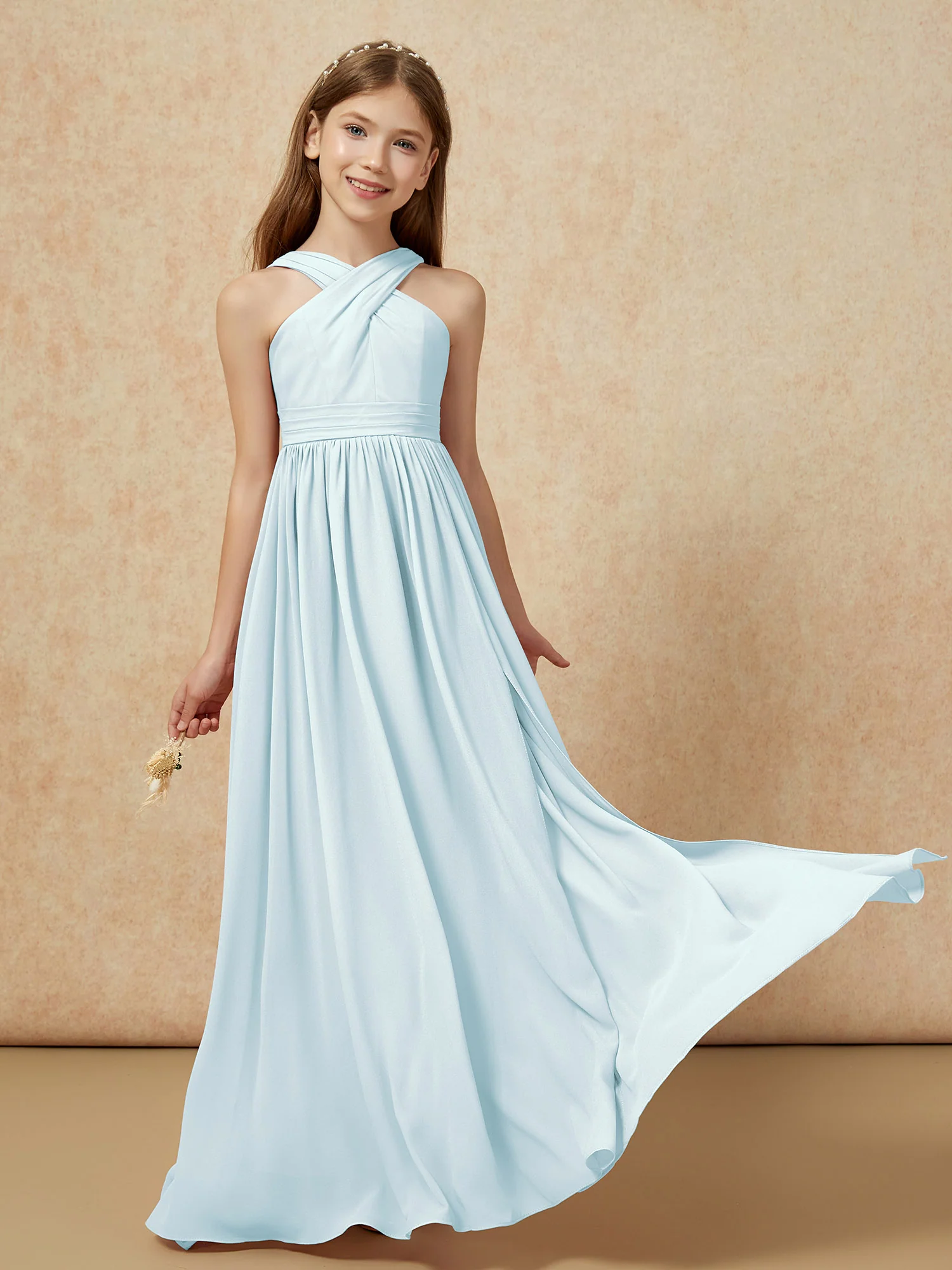 Grecian Neck Chiffon Junior Bridesmaid Dresses With Slit Mist - Image 5