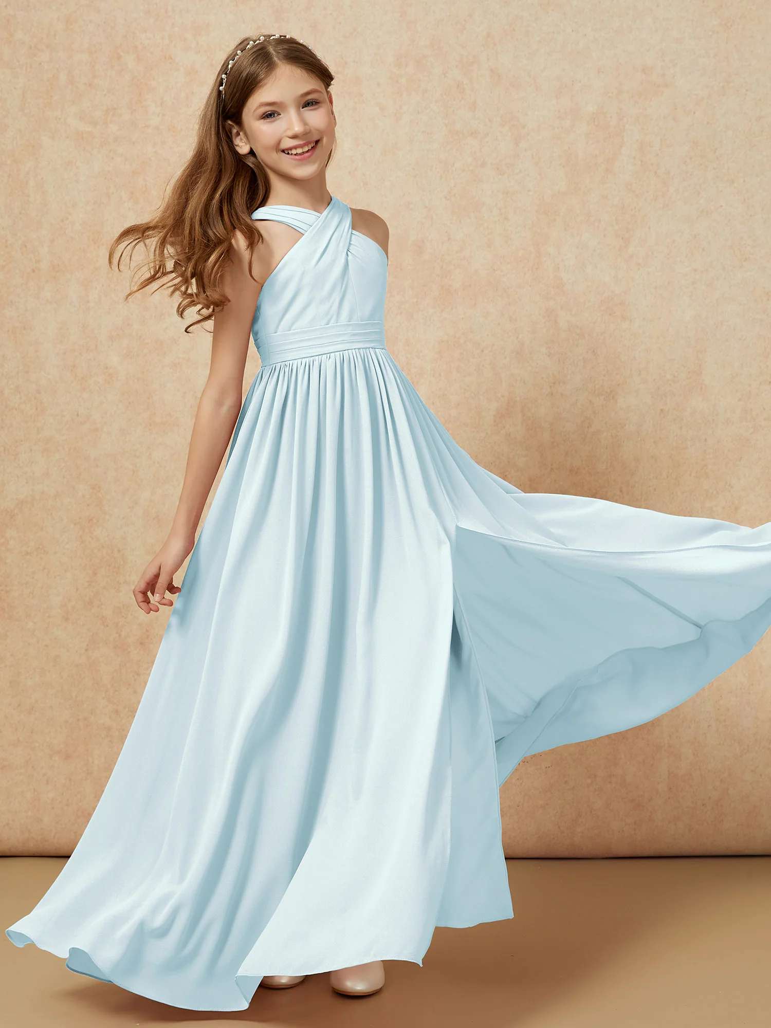 Grecian Neck Chiffon Junior Bridesmaid Dresses With Slit Mist - Image 6