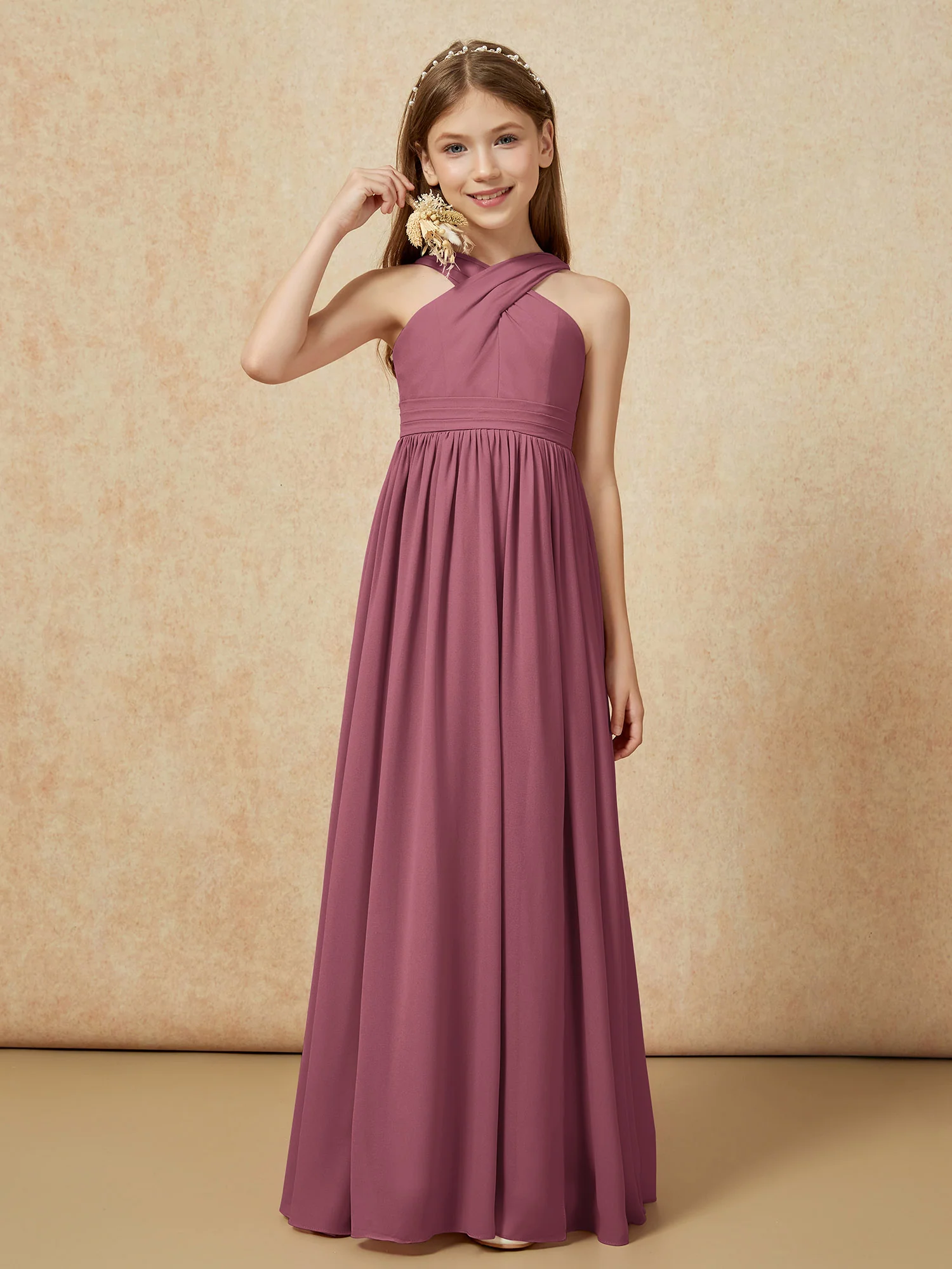 Grecian Neck Chiffon Junior Bridesmaid Dresses With Slit Mulberry