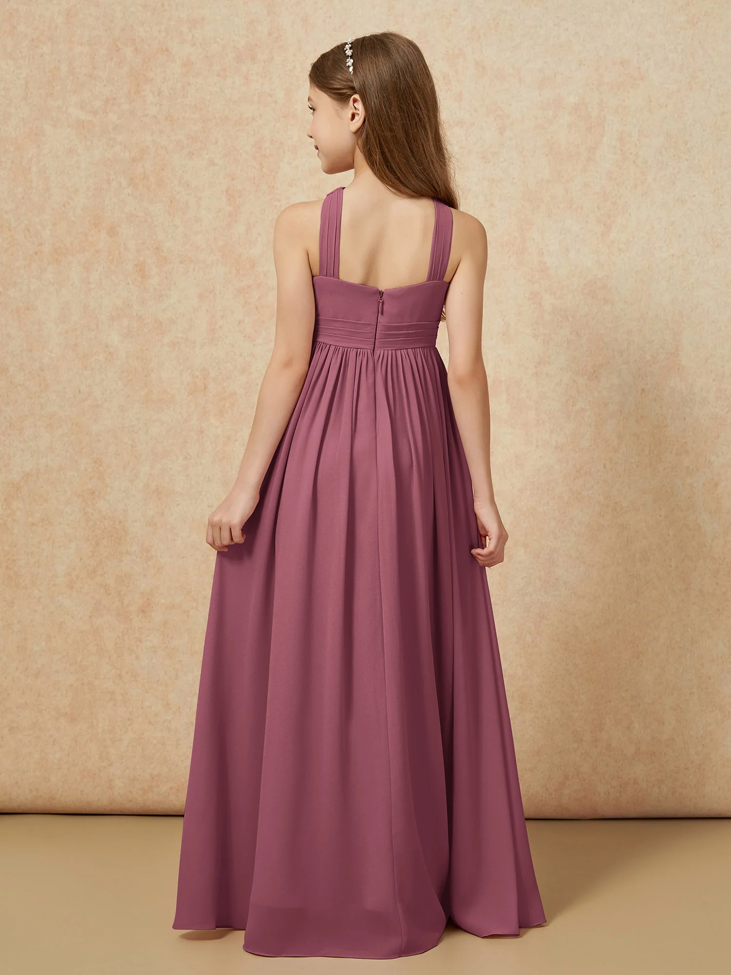 Grecian Neck Chiffon Junior Bridesmaid Dresses With Slit Mulberry - Image 2