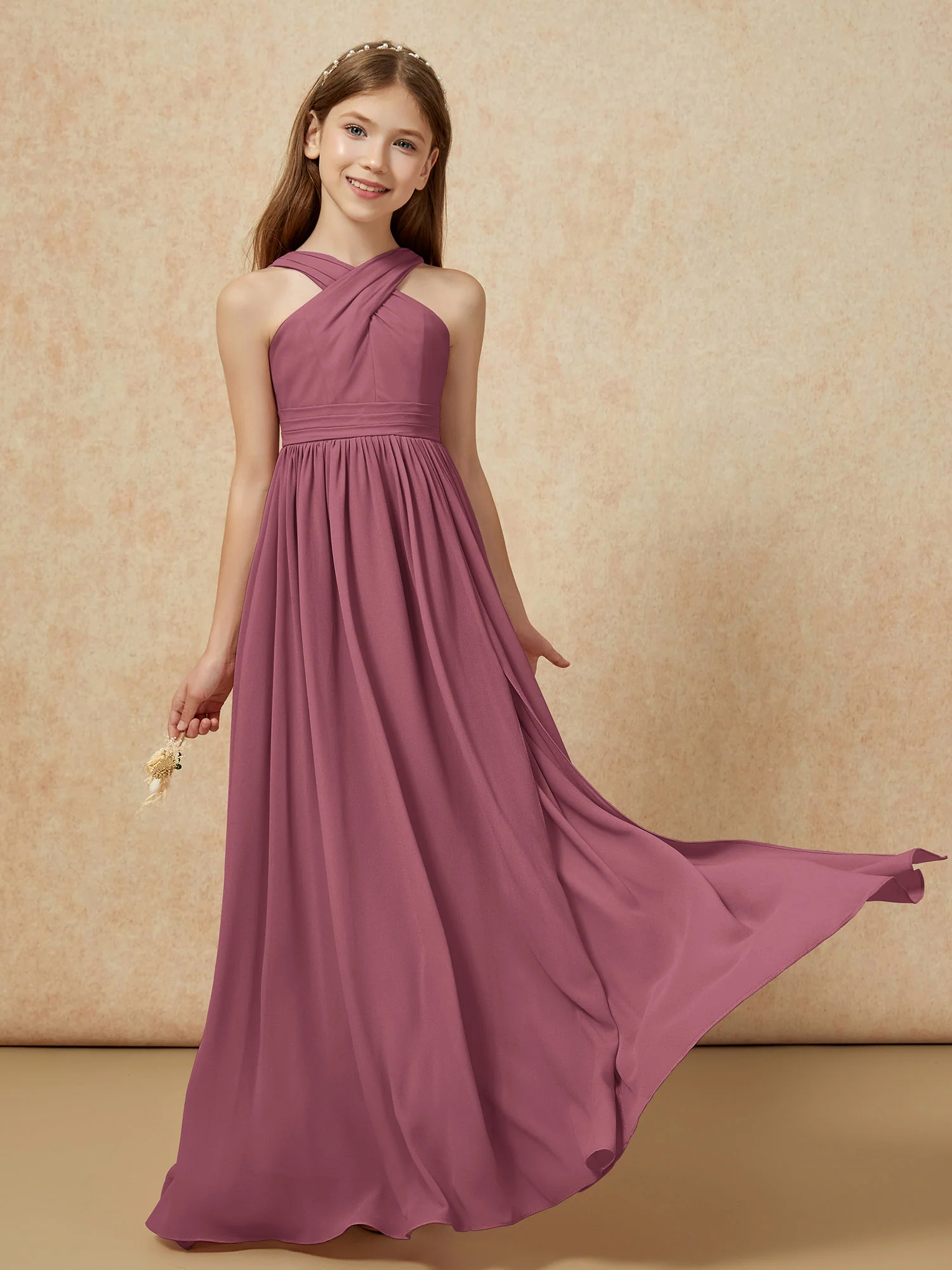 Grecian Neck Chiffon Junior Bridesmaid Dresses With Slit Mulberry - Image 5